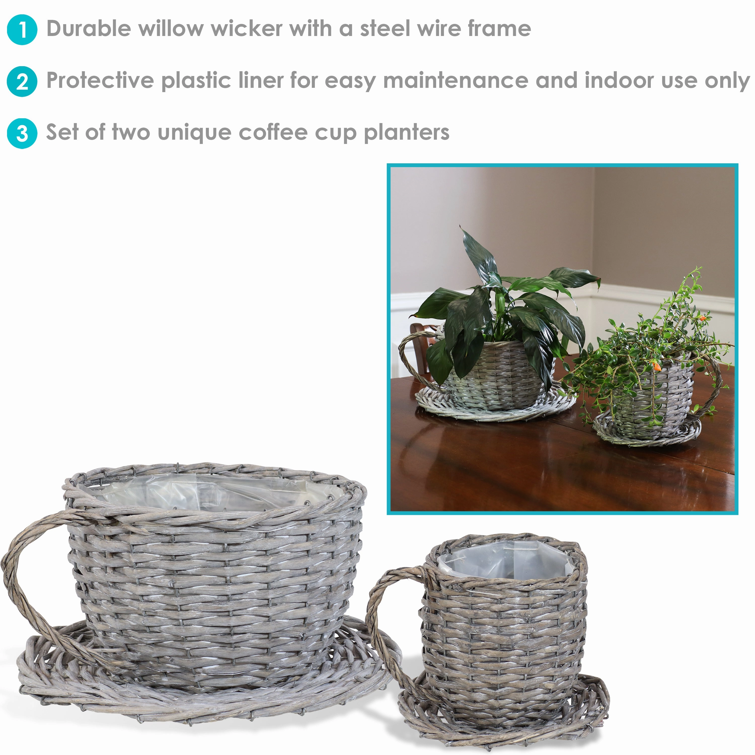 Sunnydaze Set of 2 Gray Willow Wicker Coffee Cup Indoor Planters