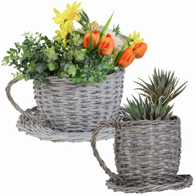 Sunnydaze Set of 2 Gray Willow Wicker Coffee Cup Indoor Planters decorative outdoor planter box designs