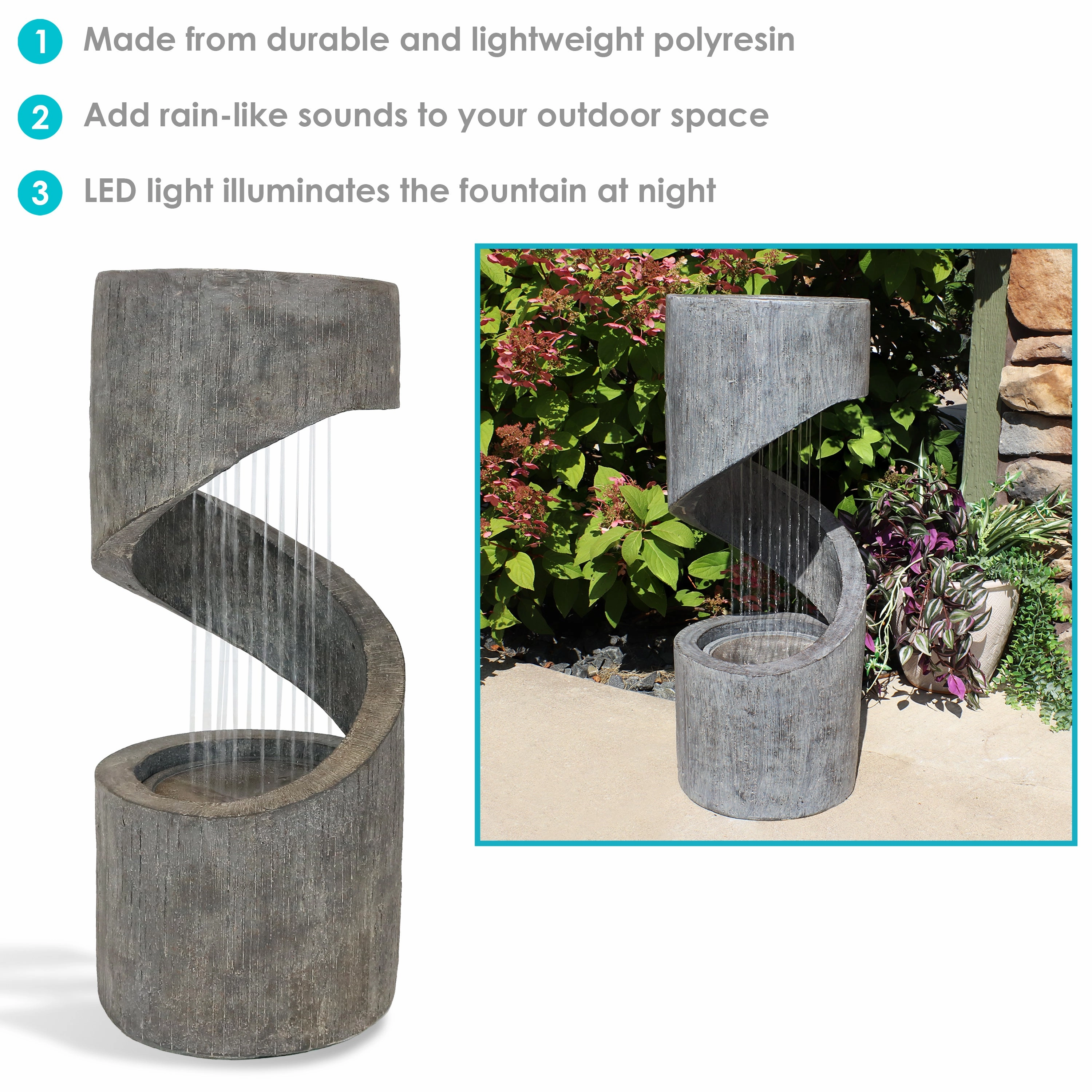 Sunnydaze Showering Spiral Electric Water Fountain with LED Light - 31"
