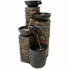 Sunnydaze Staggered Pottery Bowls Tiered Outdoor Fountain with Lights - 34"outdoor garden water fountain