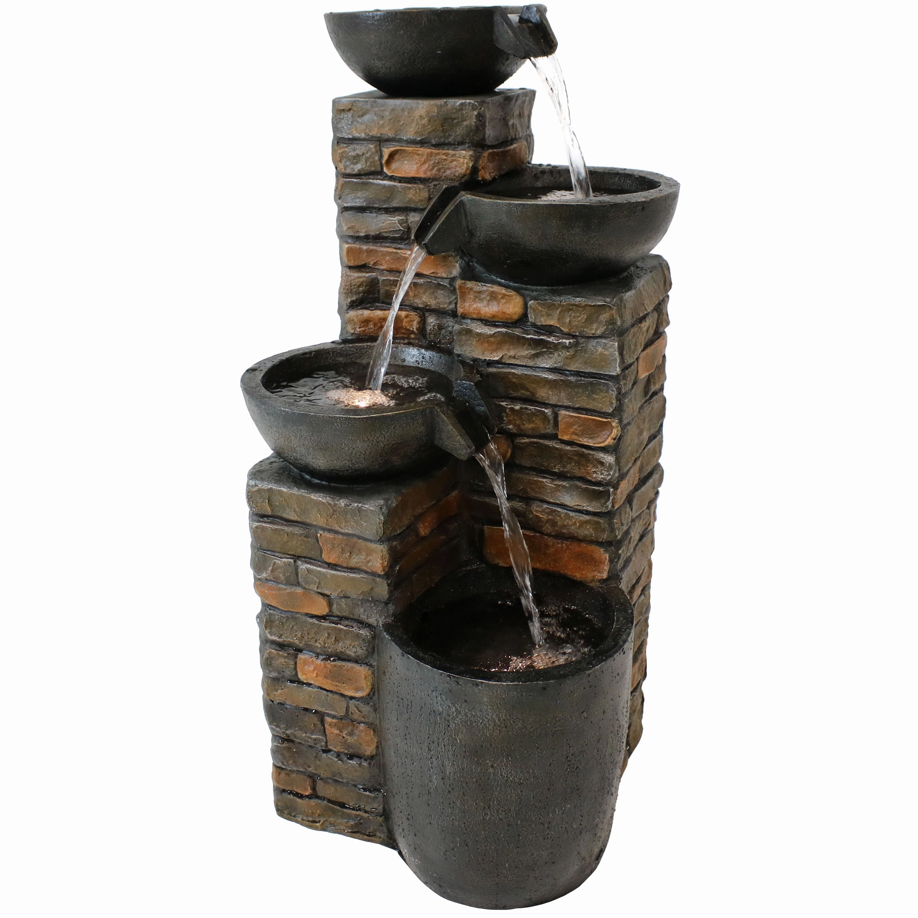 Sunnydaze Staggered Pottery Bowls Tiered Outdoor Fountain with Lights - 34"outdoor garden water fountain