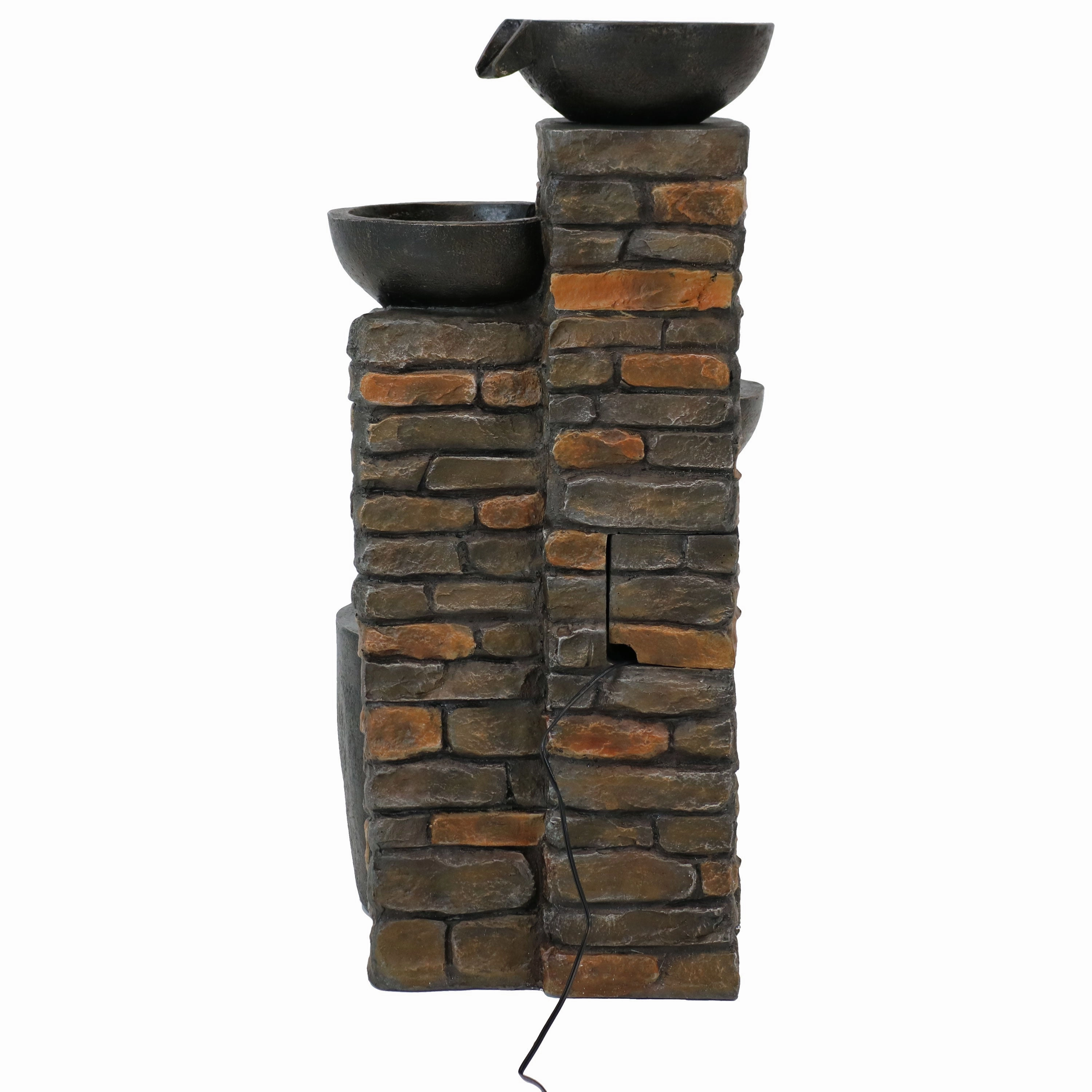 Sunnydaze Staggered Pottery Bowls Tiered Outdoor Fountain with Lights - 34"