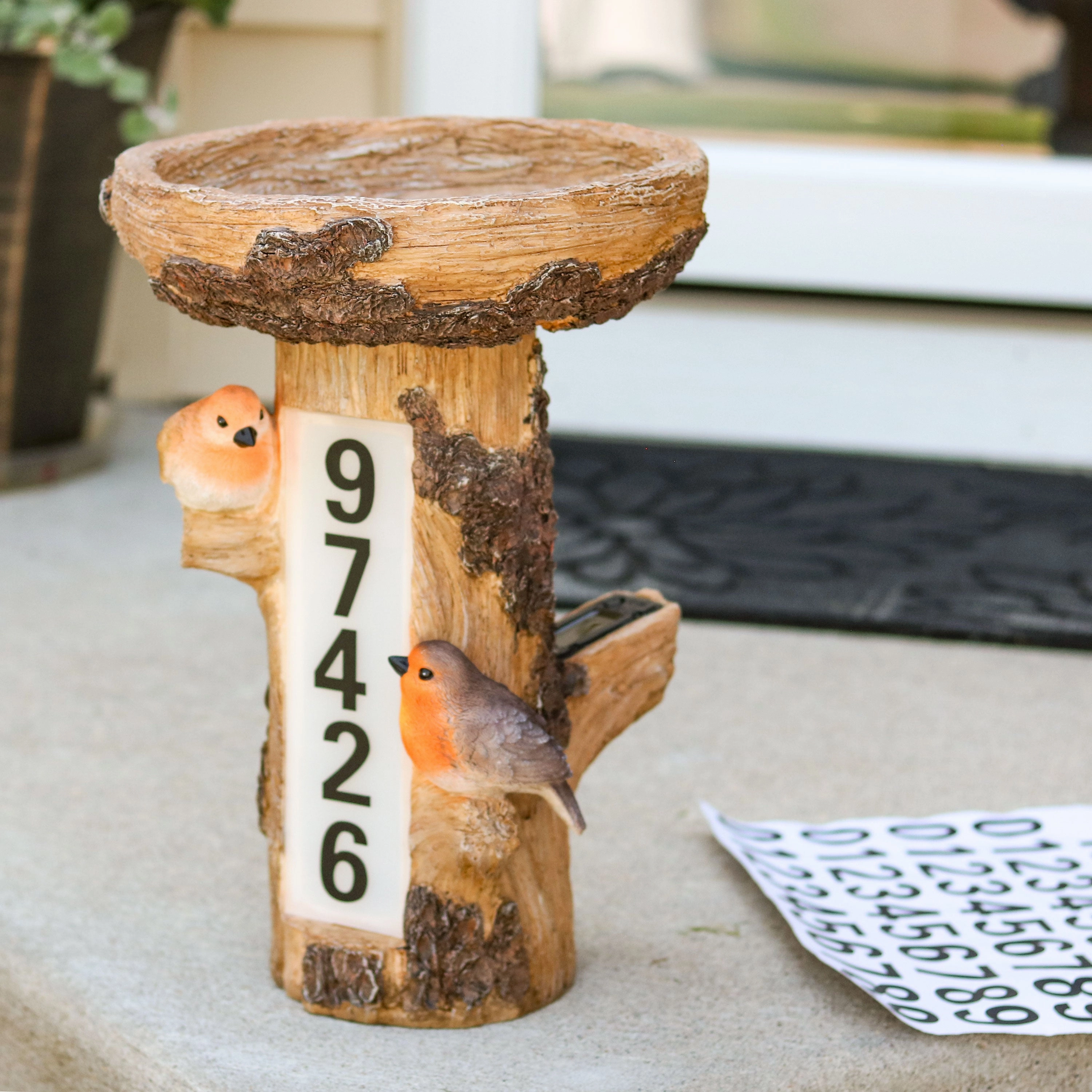 Sunnydaze Staked Country Tree Stump Bird Bath with Solar Address Plate - 15.5"