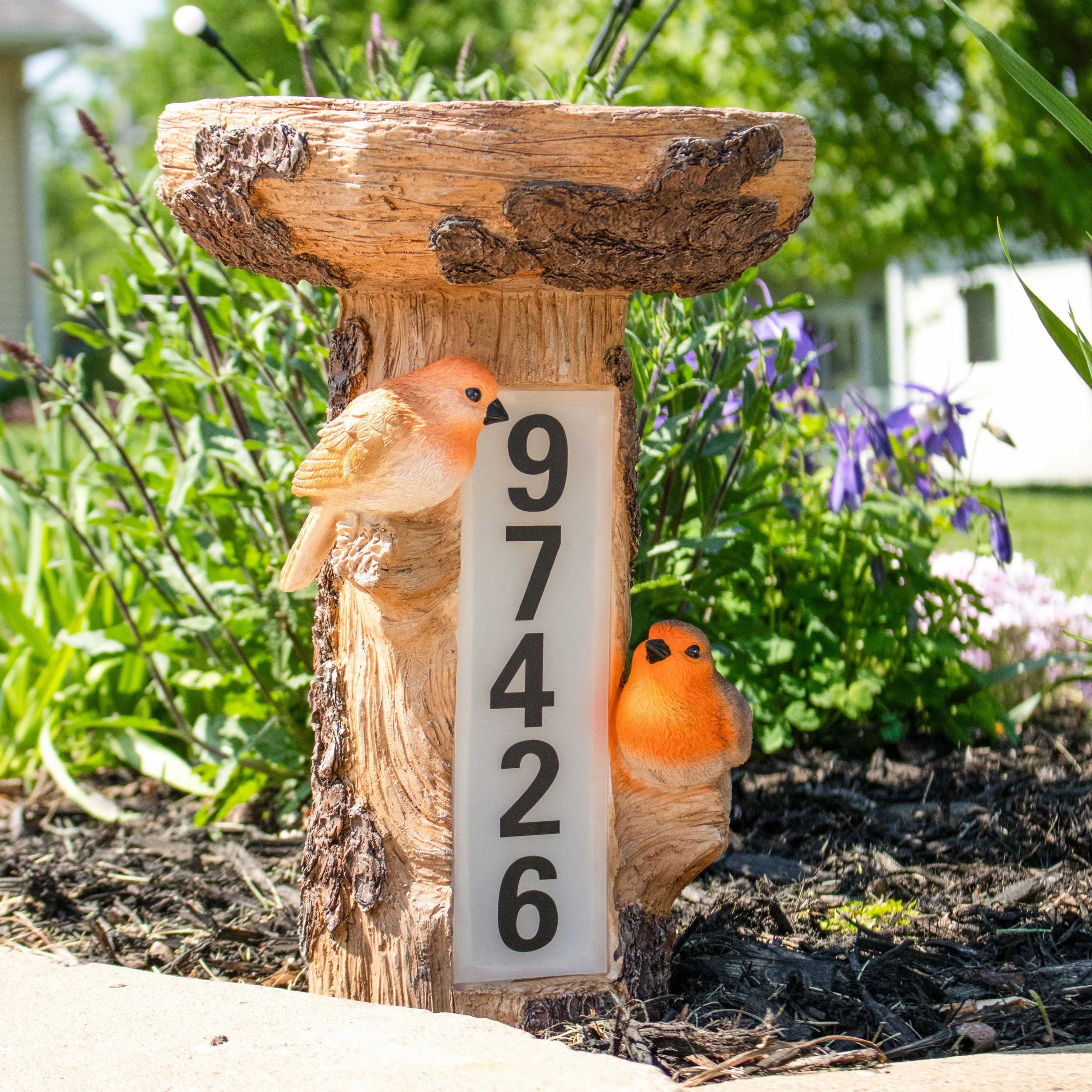 Sunnydaze Staked Country Tree Stump Bird Bath with Solar Address Plate - 15.5"