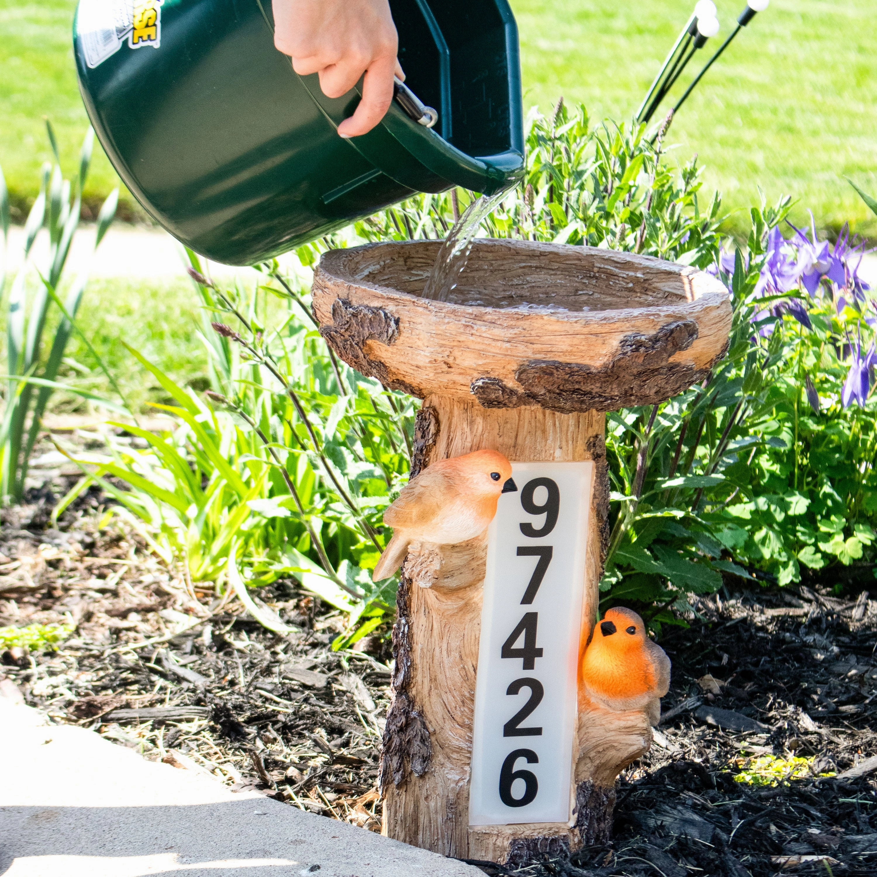 Sunnydaze Staked Country Tree Stump Bird Bath with Solar Address Plate - 15.5"