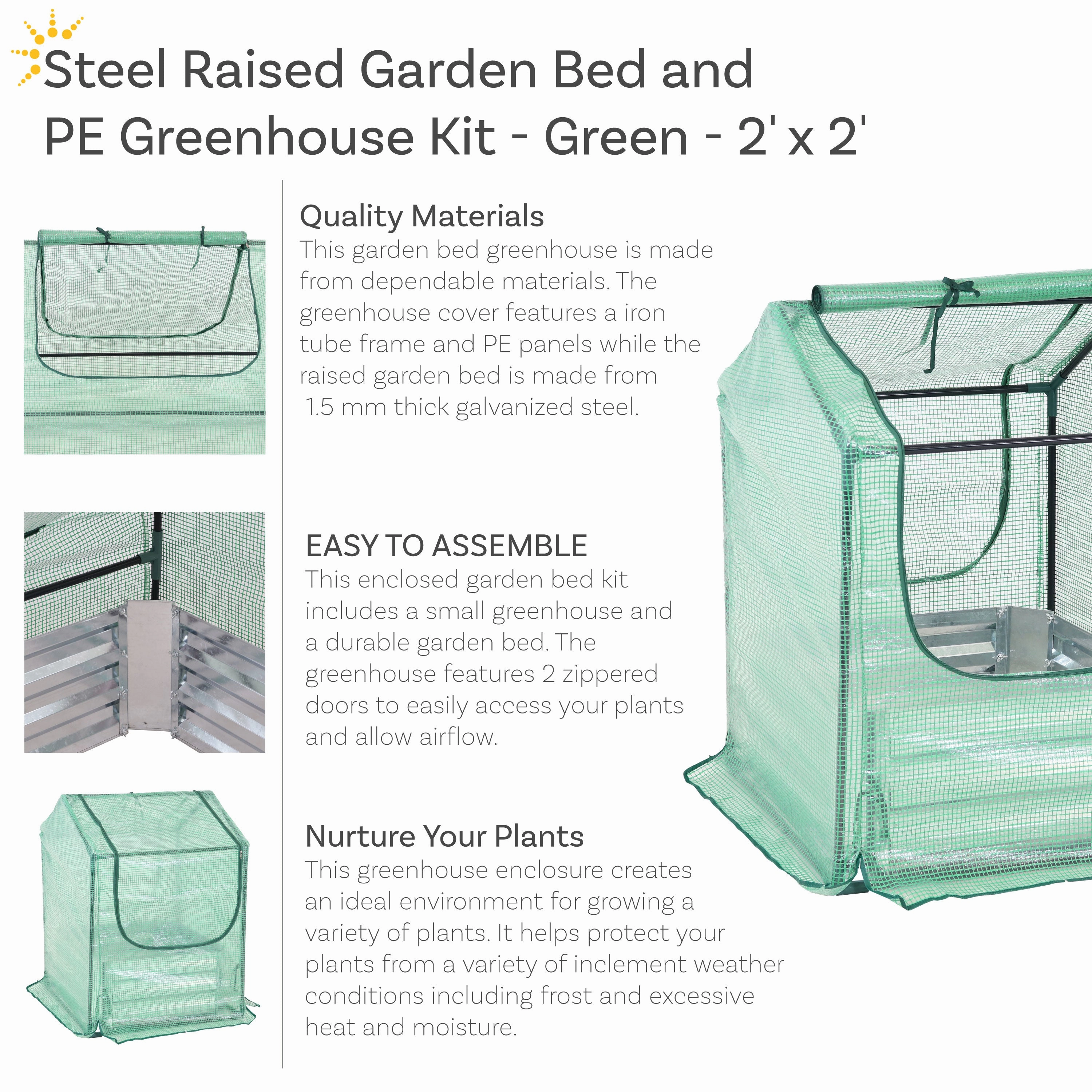 Sunnydaze Steel Raised Garden Bed and Mini Greenhouse Kit - Green