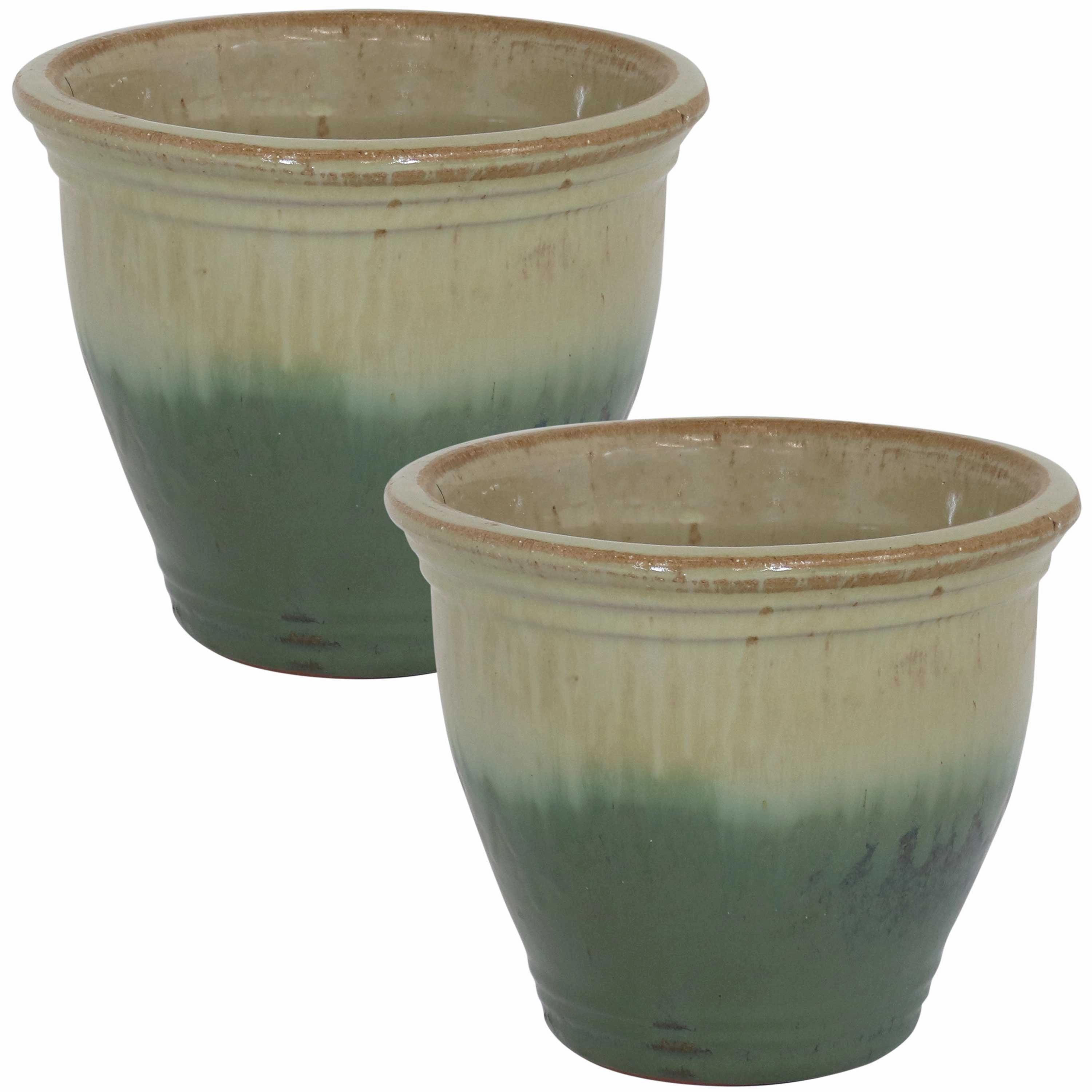 Sunnydaze Studio Glazed Ceramic Planter with Drainage Holes - Set of 2