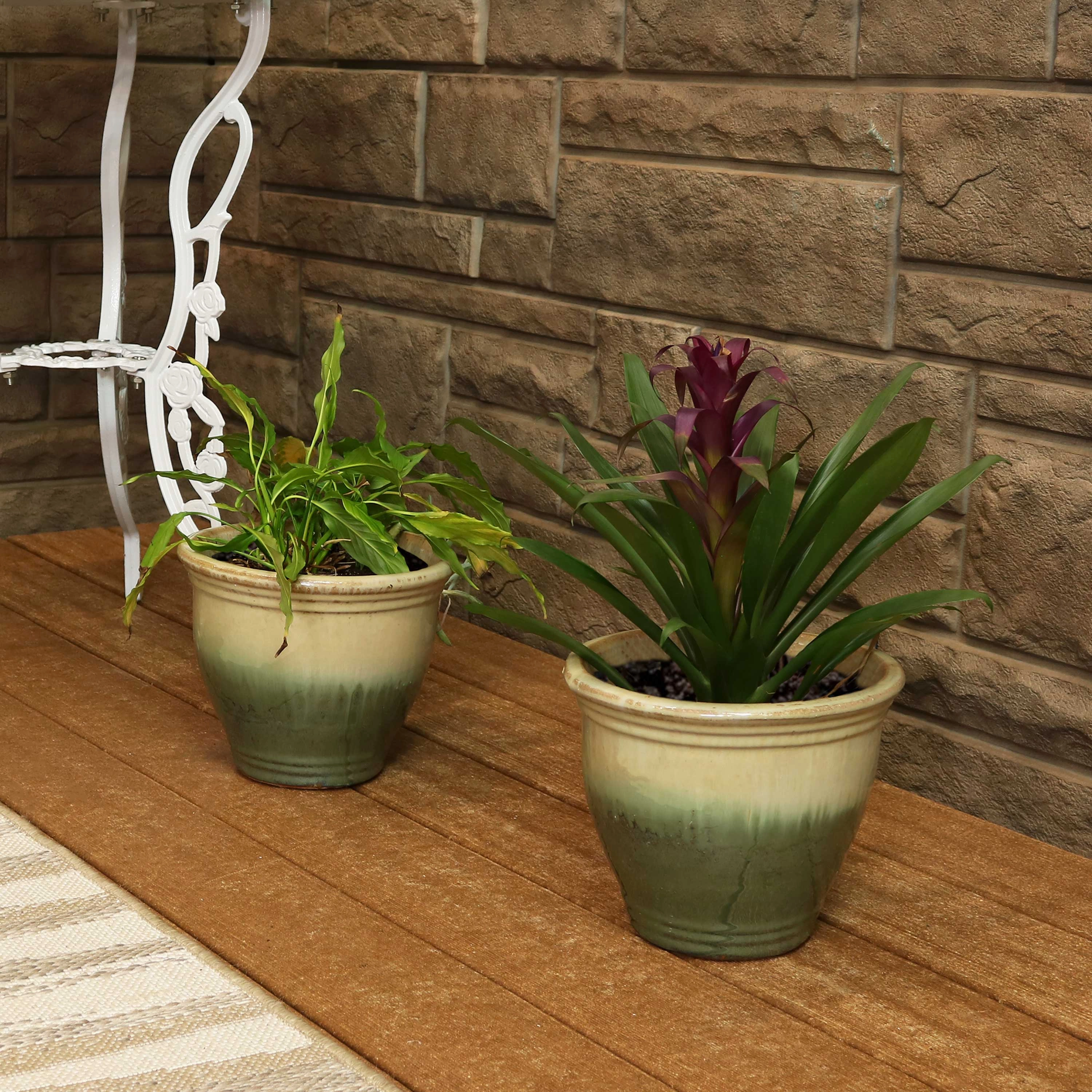 Sunnydaze Studio Glazed Ceramic Planter with Drainage Holes - Set of 2