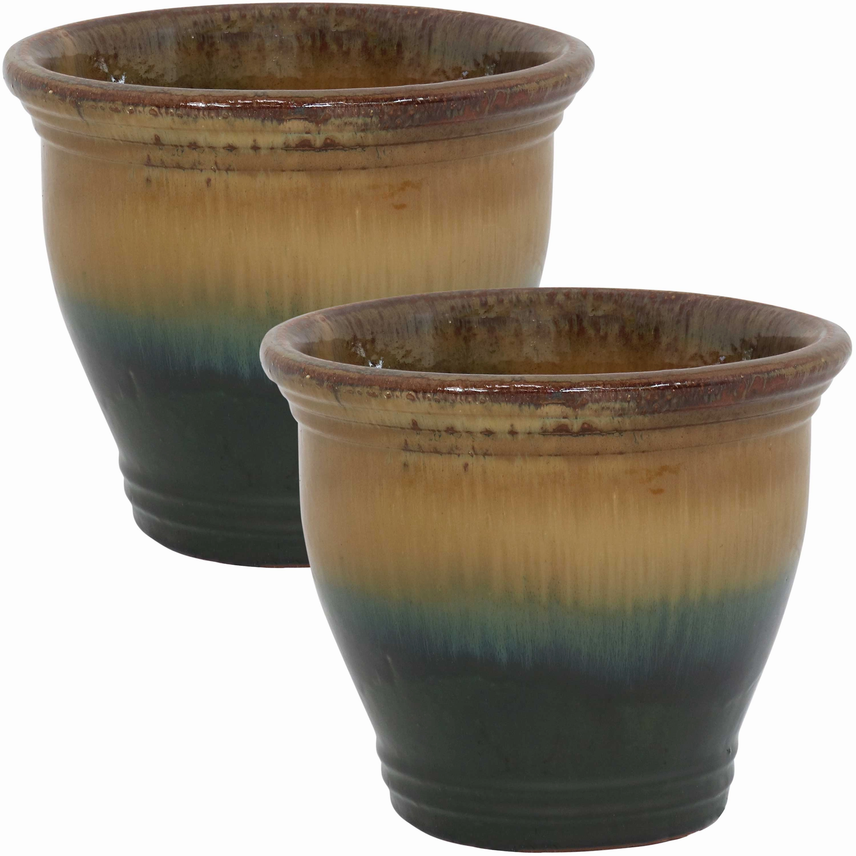 Sunnydaze Studio Glazed Ceramic Planter with Drainage Holes - Set of 2