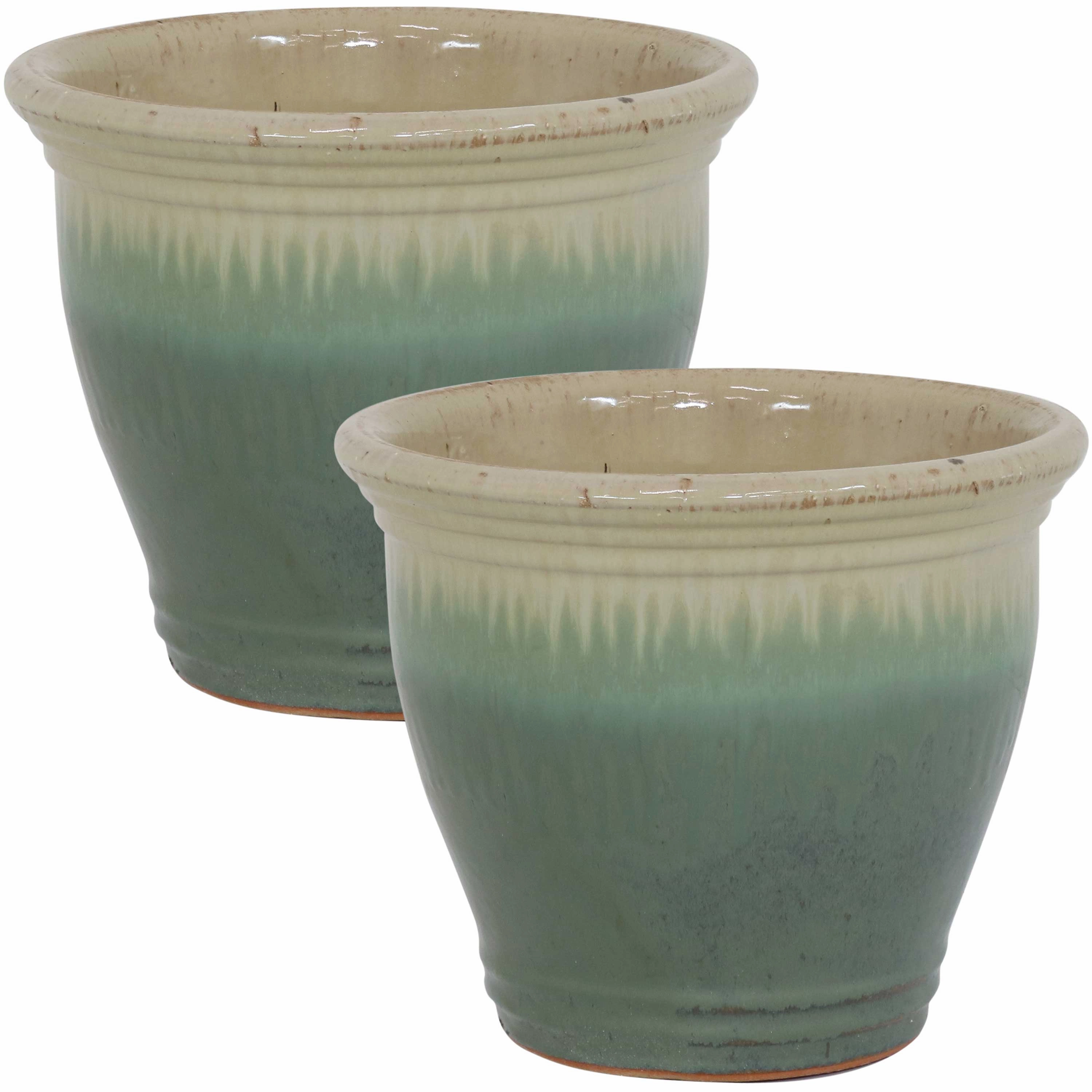 Sunnydaze Studio Glazed Ceramic Planter with Drainage Holes - Set of 2