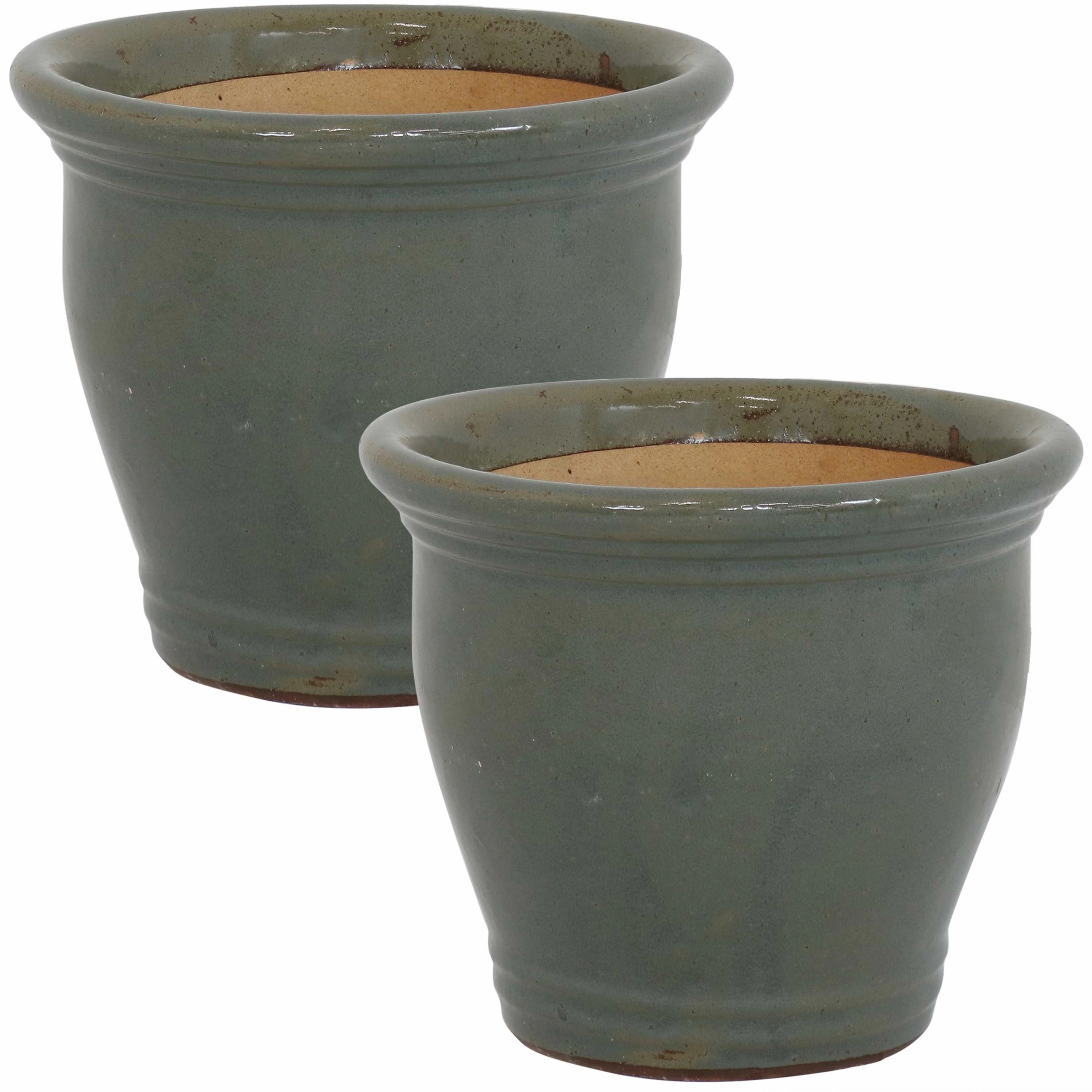 Sunnydaze Studio Glazed Ceramic Planter with Drainage Holes - Set of 2
