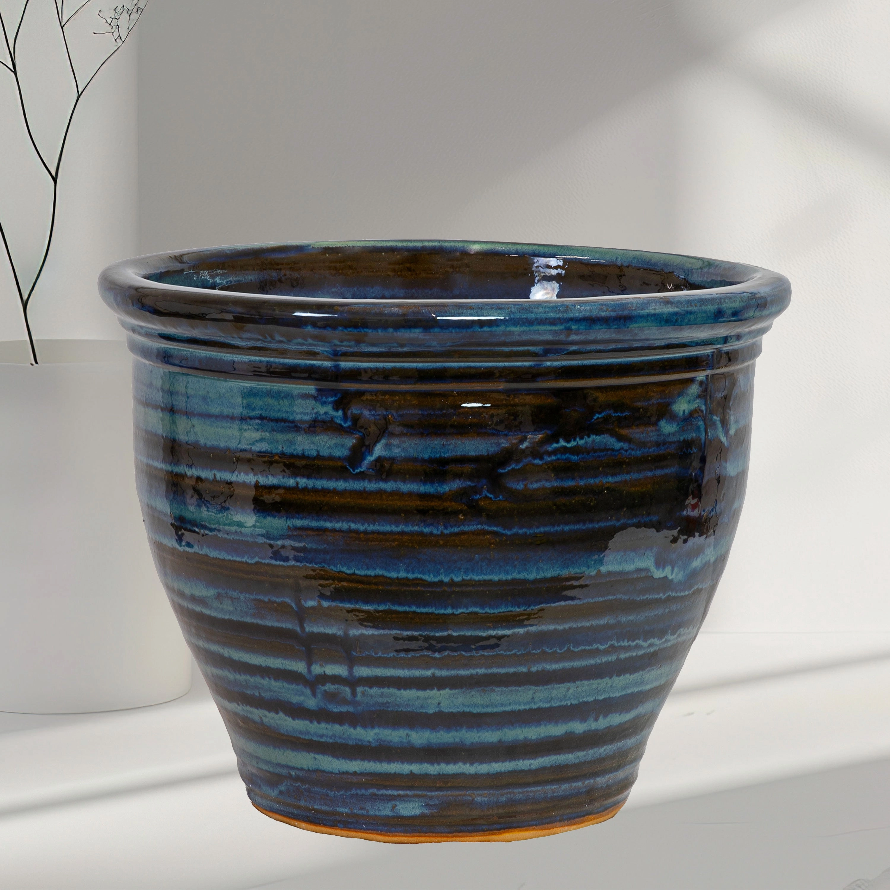 Sunnydaze Studio Round Glazed Ceramic Planter with Drainage