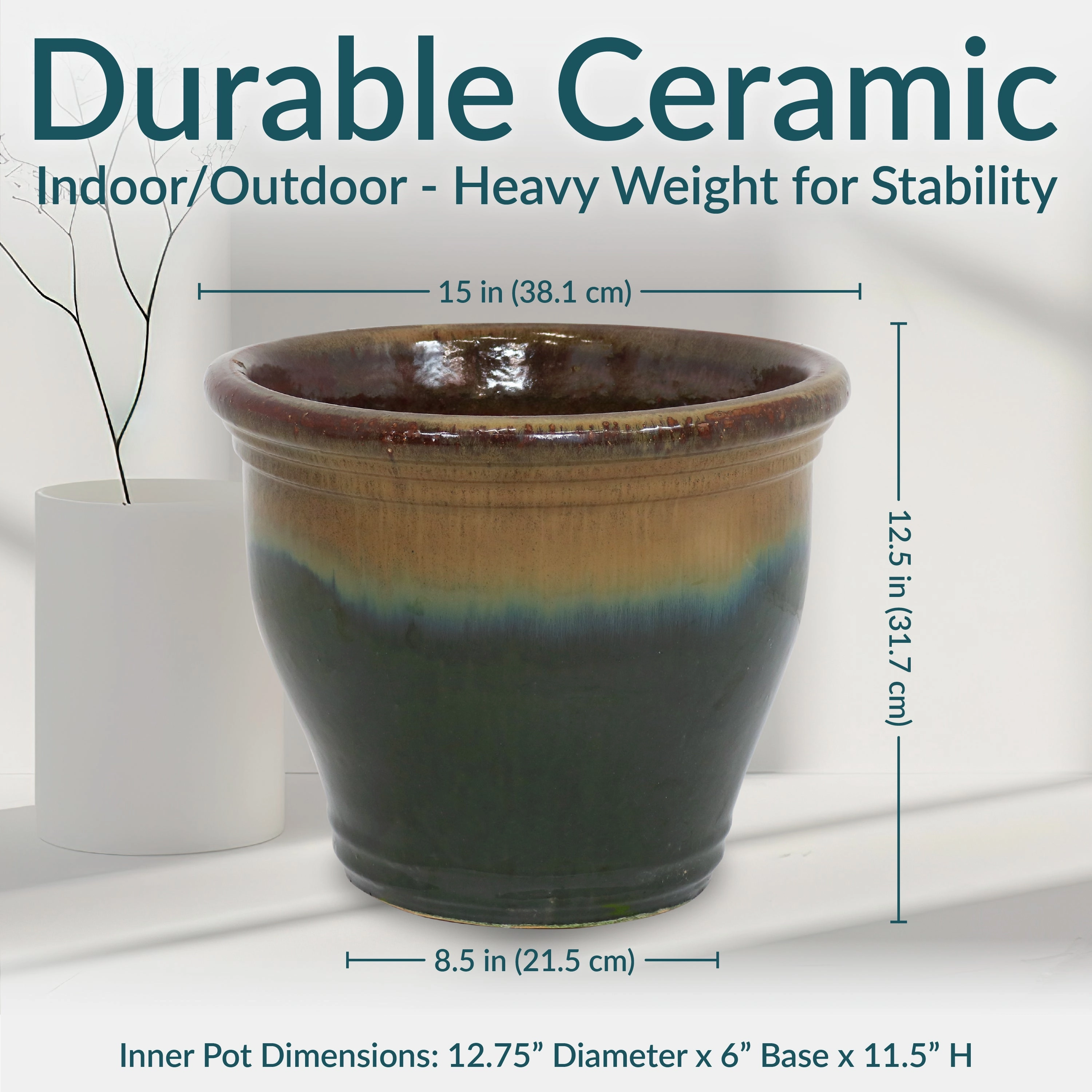 Sunnydaze Studio Round Glazed Ceramic Planter with Drainage