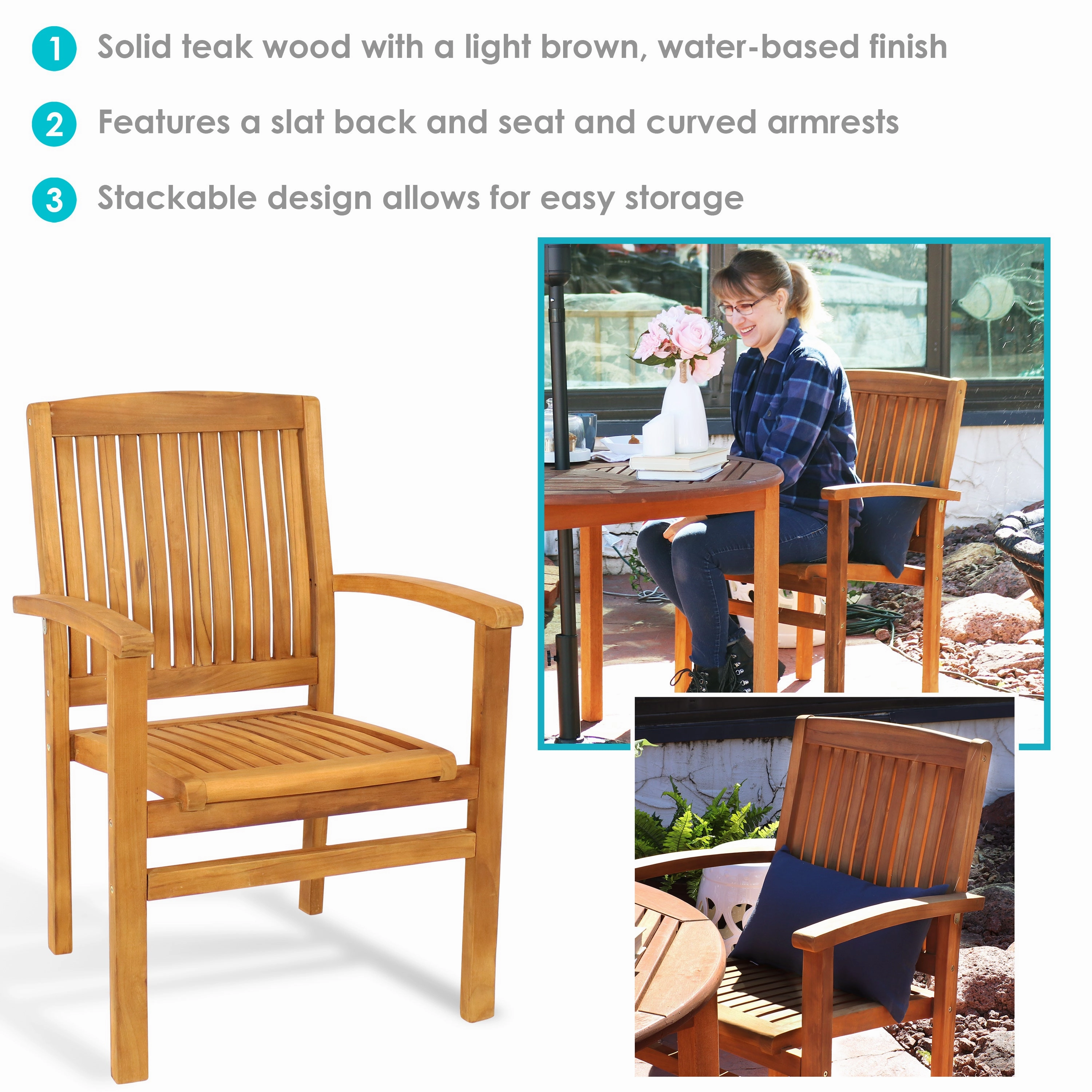 Sunnydaze Teak Wood Stackable Outdoor Patio Dining Chair
