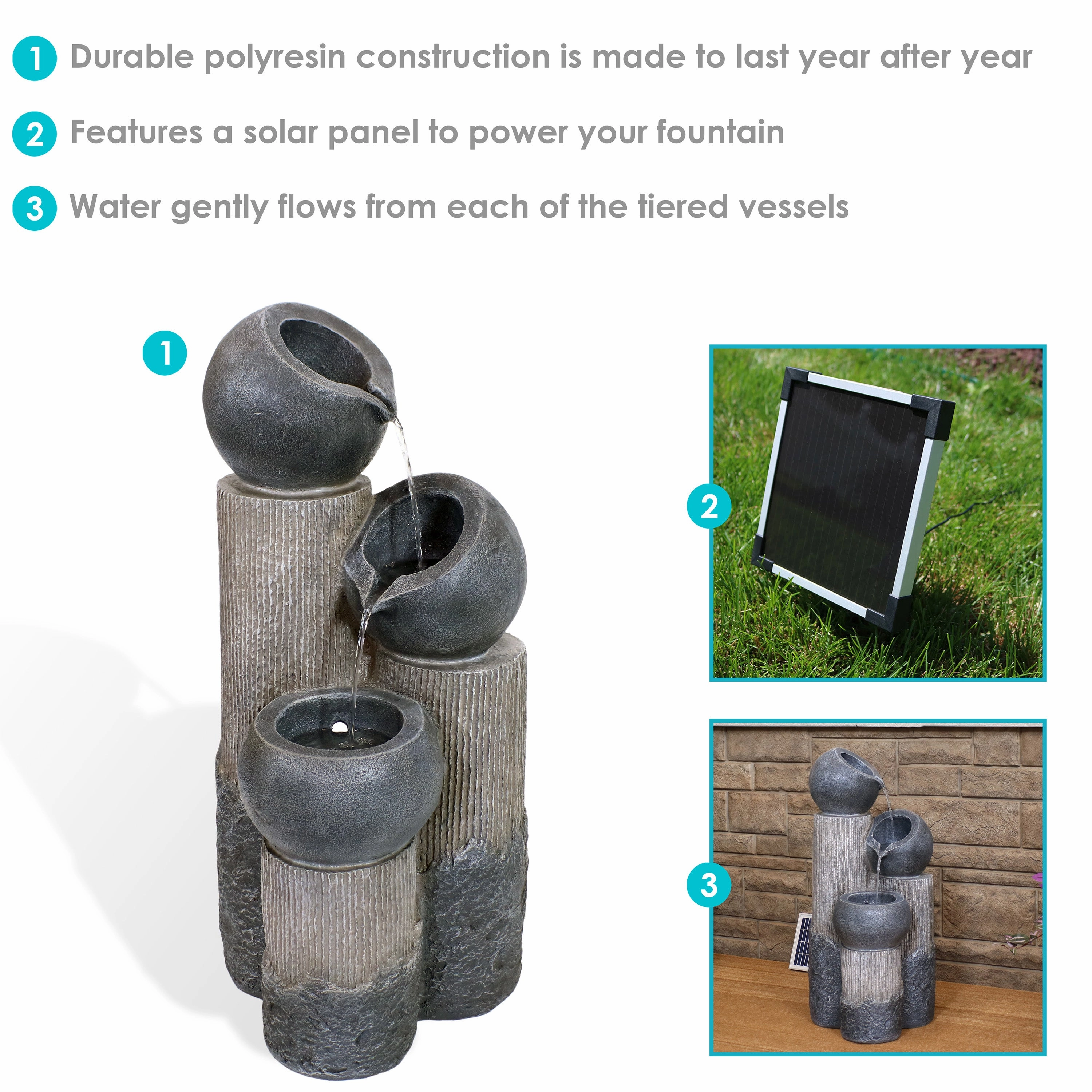 Sunnydaze Tiered Cascading Cups Solar Fountain with Battery Backup - 31.25"