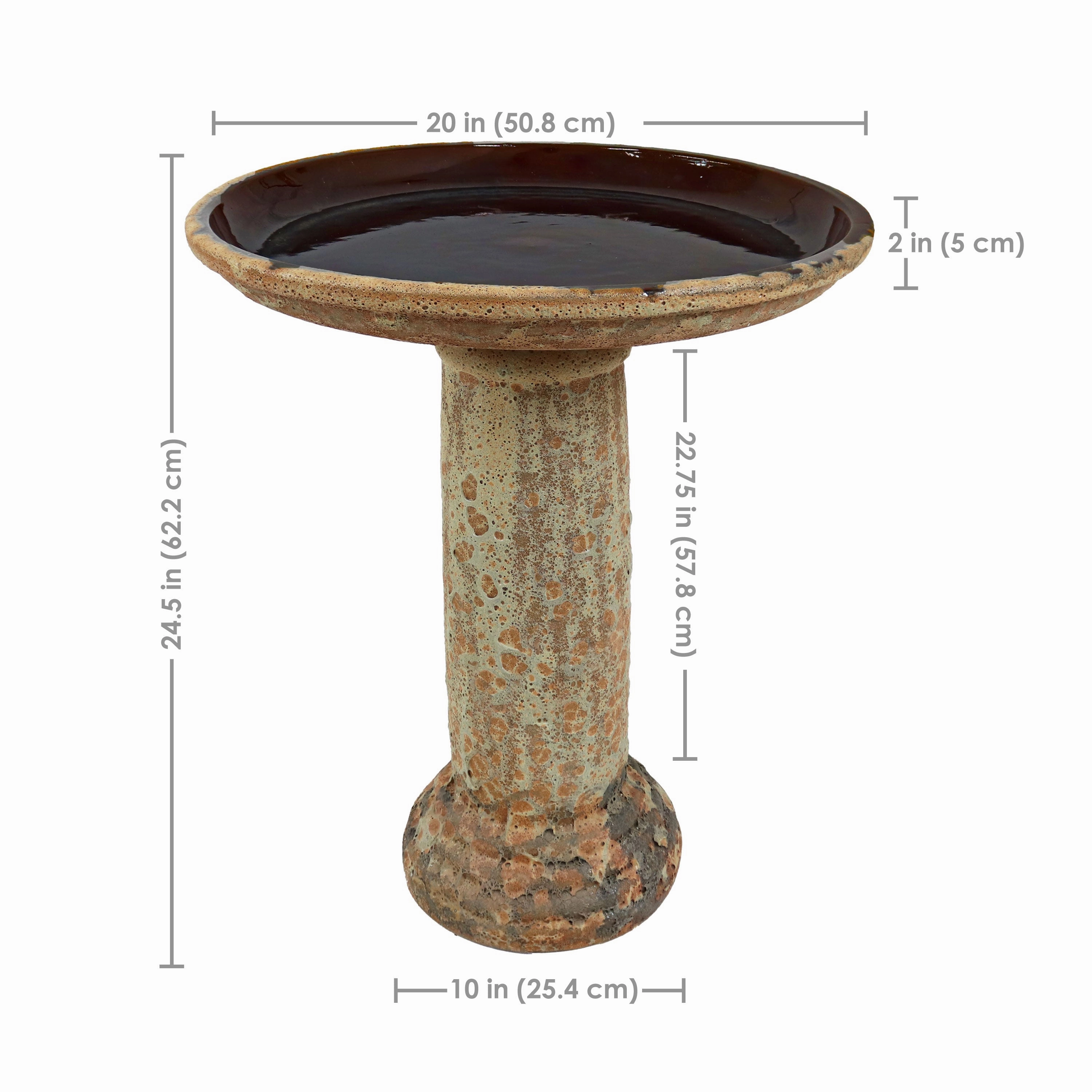 Sunnydaze Toulon Outdoor Ceramic Bird Bath - Brown Lava Finish - 24.5" H
