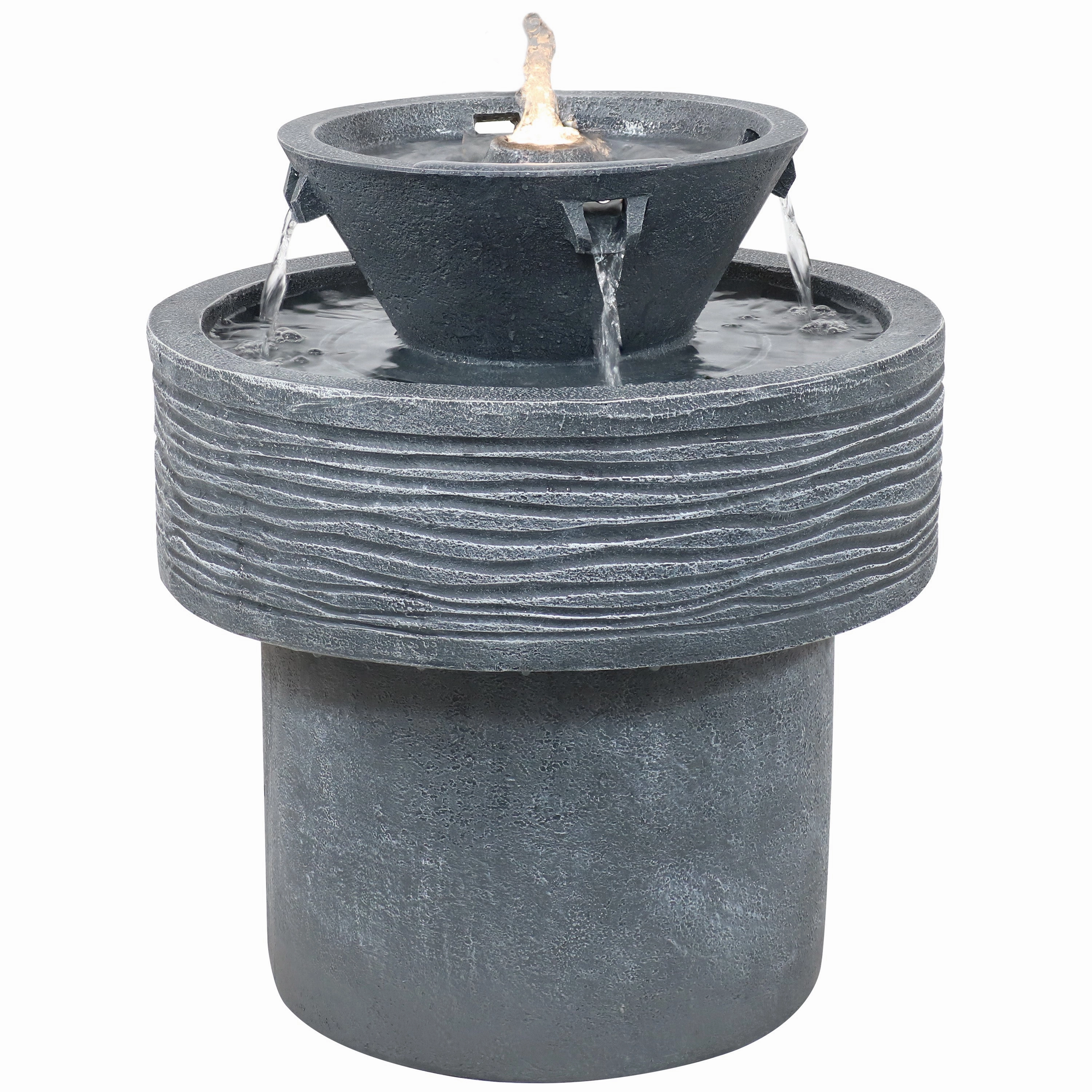 Sunnydaze Tranquil Streams 2-Tier Outdoor Fountain with LED Lights - 20"outdoor garden water fountain