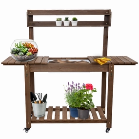 Sunnydaze Wheeled Outdoor Potting Bench with Sink - Fir Wood - Brown decorative outdoor planter box designs
