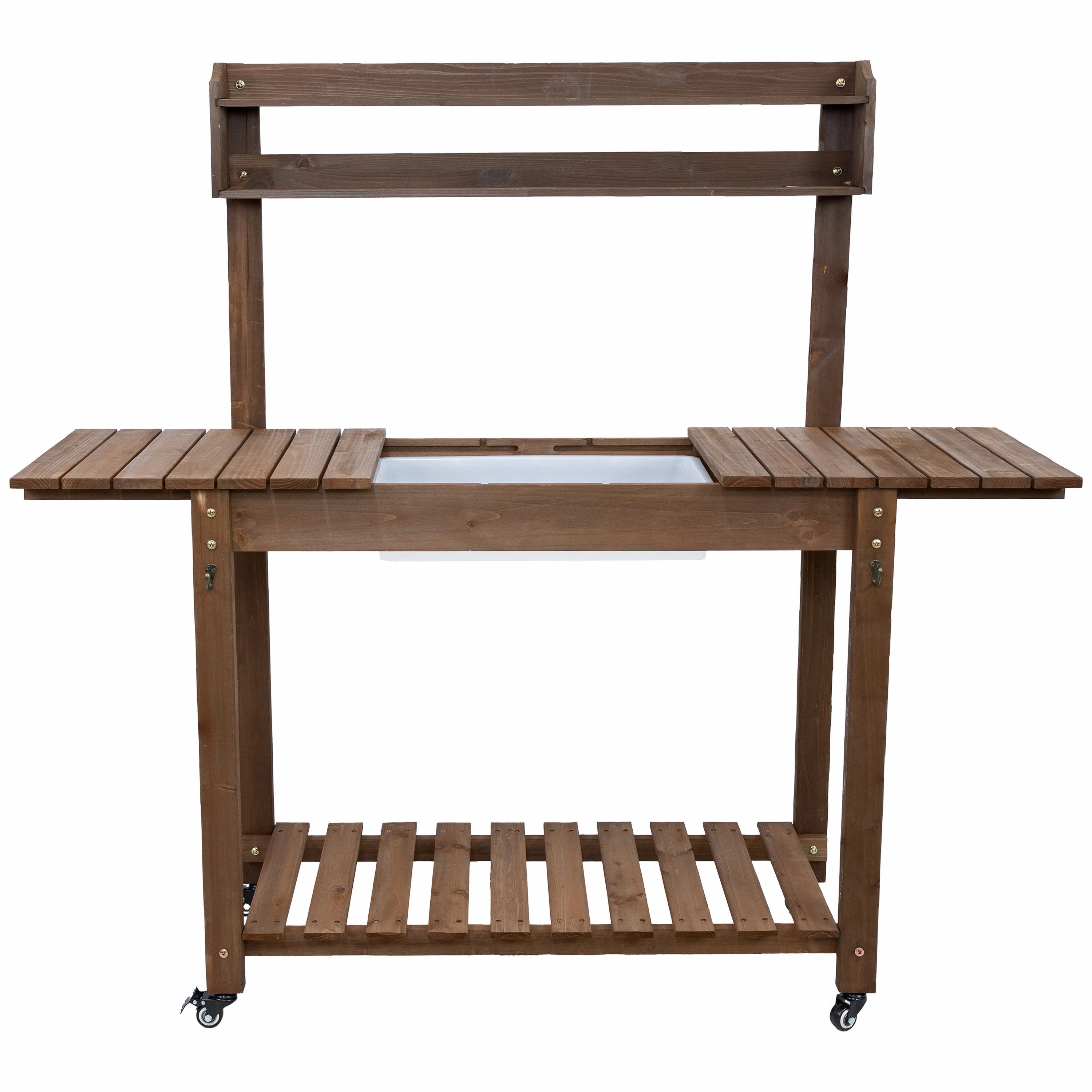 Sunnydaze Wheeled Outdoor Potting Bench with Sink - Fir Wood - Brown