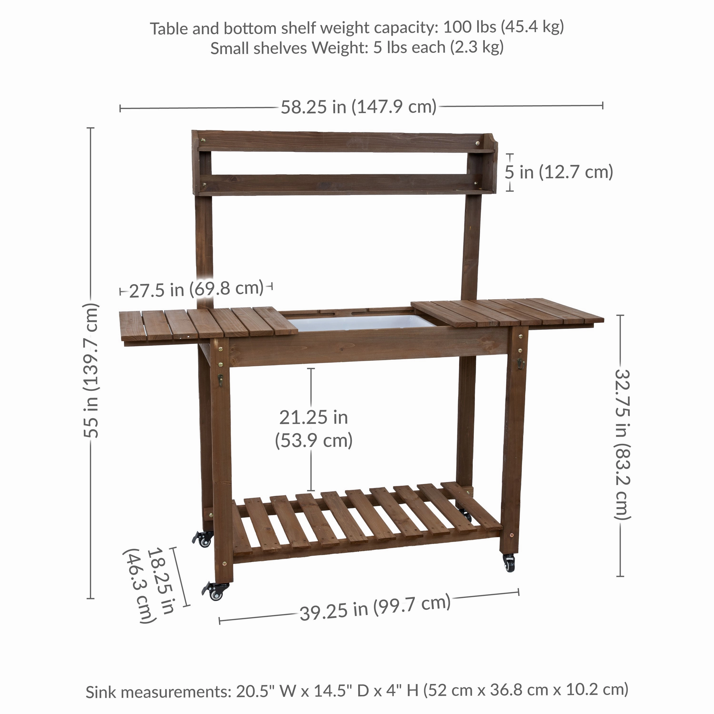 Sunnydaze Wheeled Outdoor Potting Bench with Sink - Fir Wood - Brown