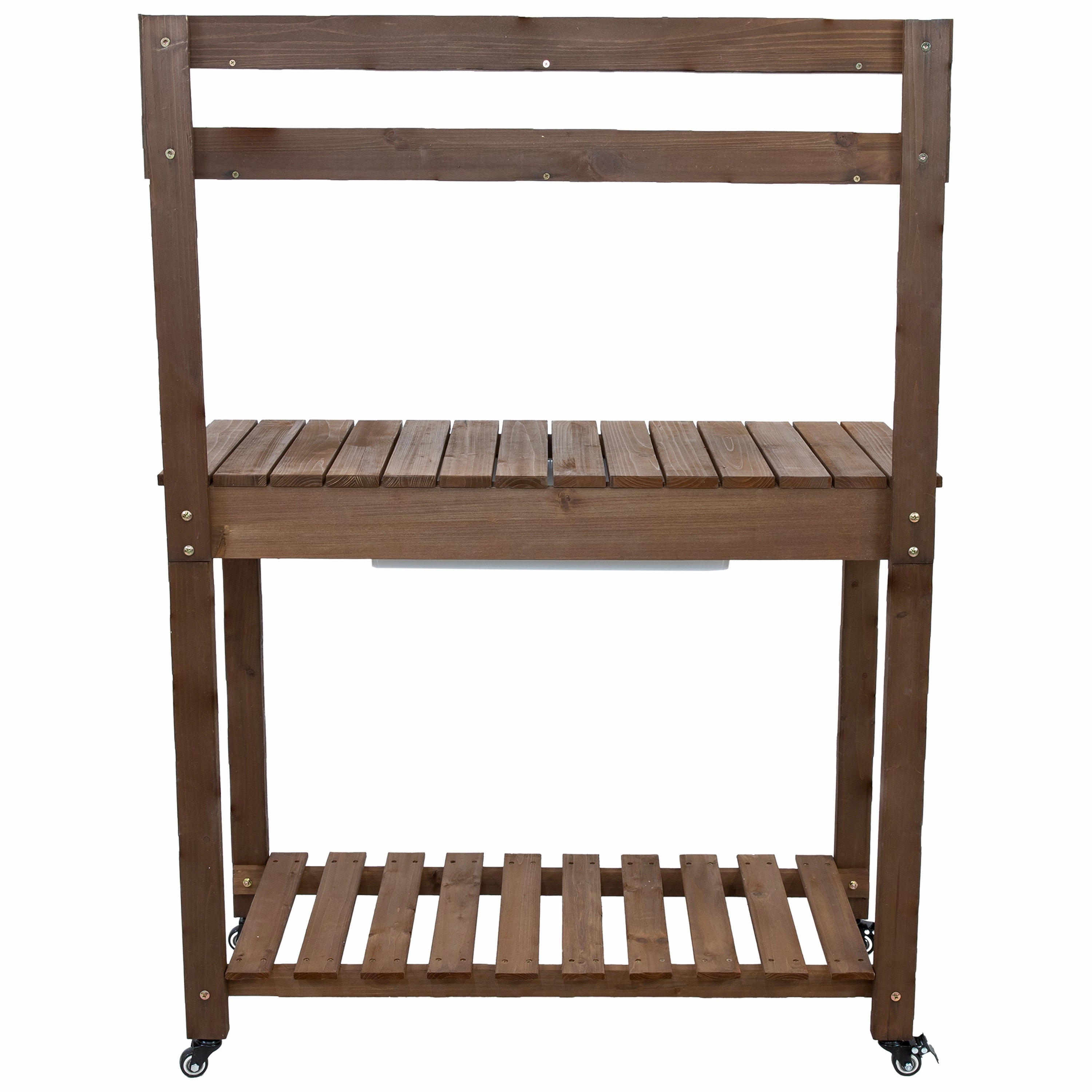 Sunnydaze Wheeled Outdoor Potting Bench with Sink - Fir Wood - Brown