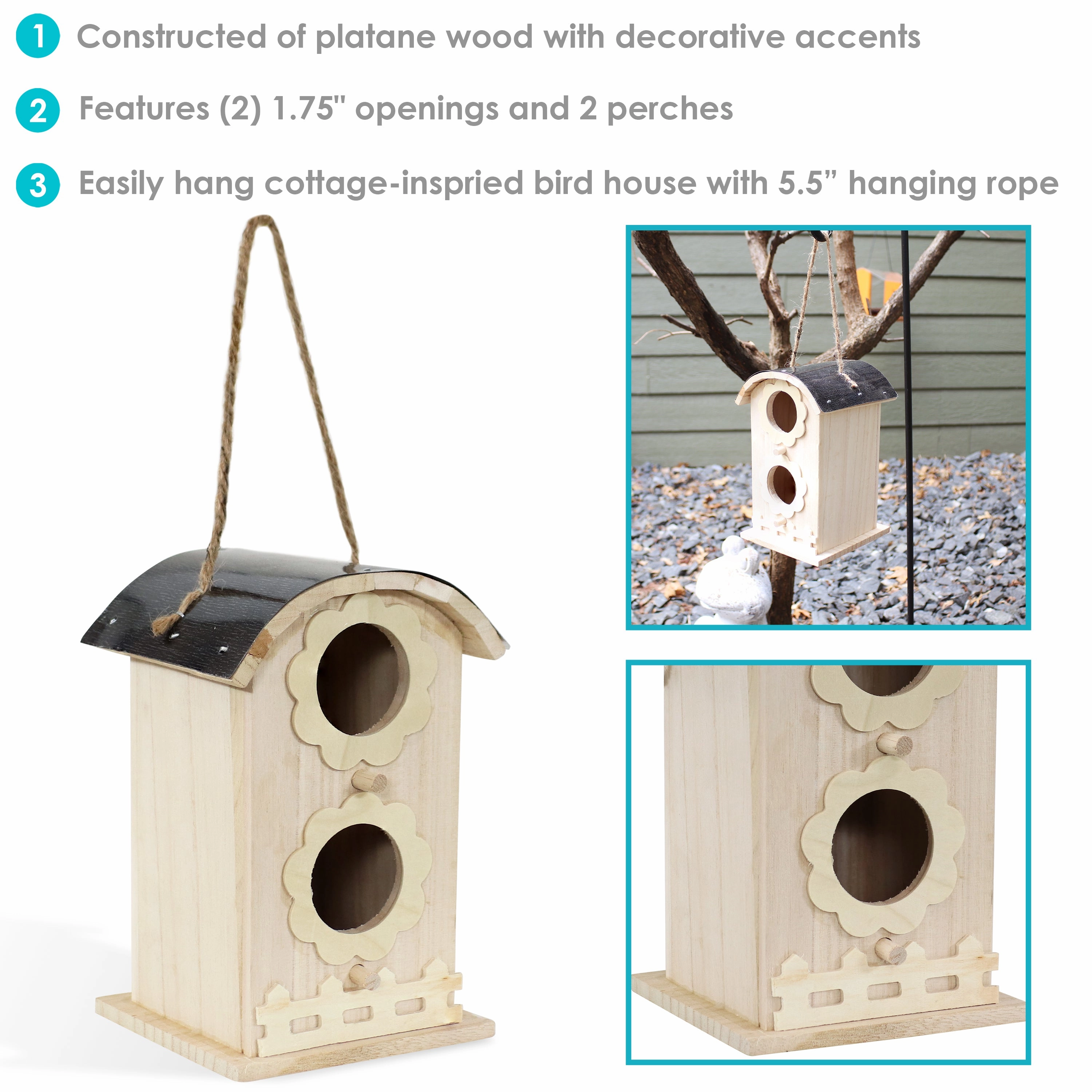 Sunnydaze Wooden Bungalow Outdoor Hanging Bird House - 7"
