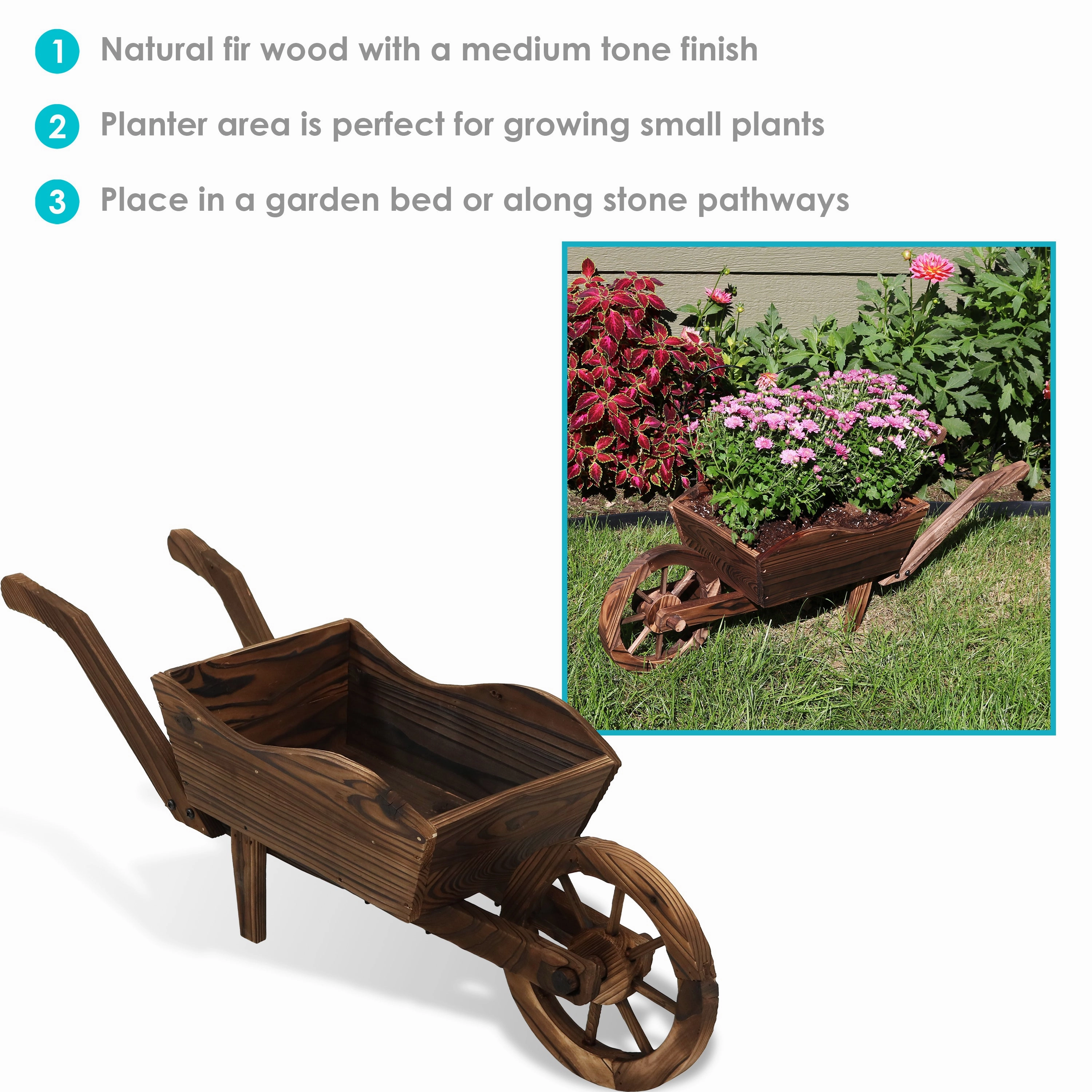 Sunnydaze Wooden Decorative Wheelbarrow Planter - 35" W x 10.25" D x 12" H