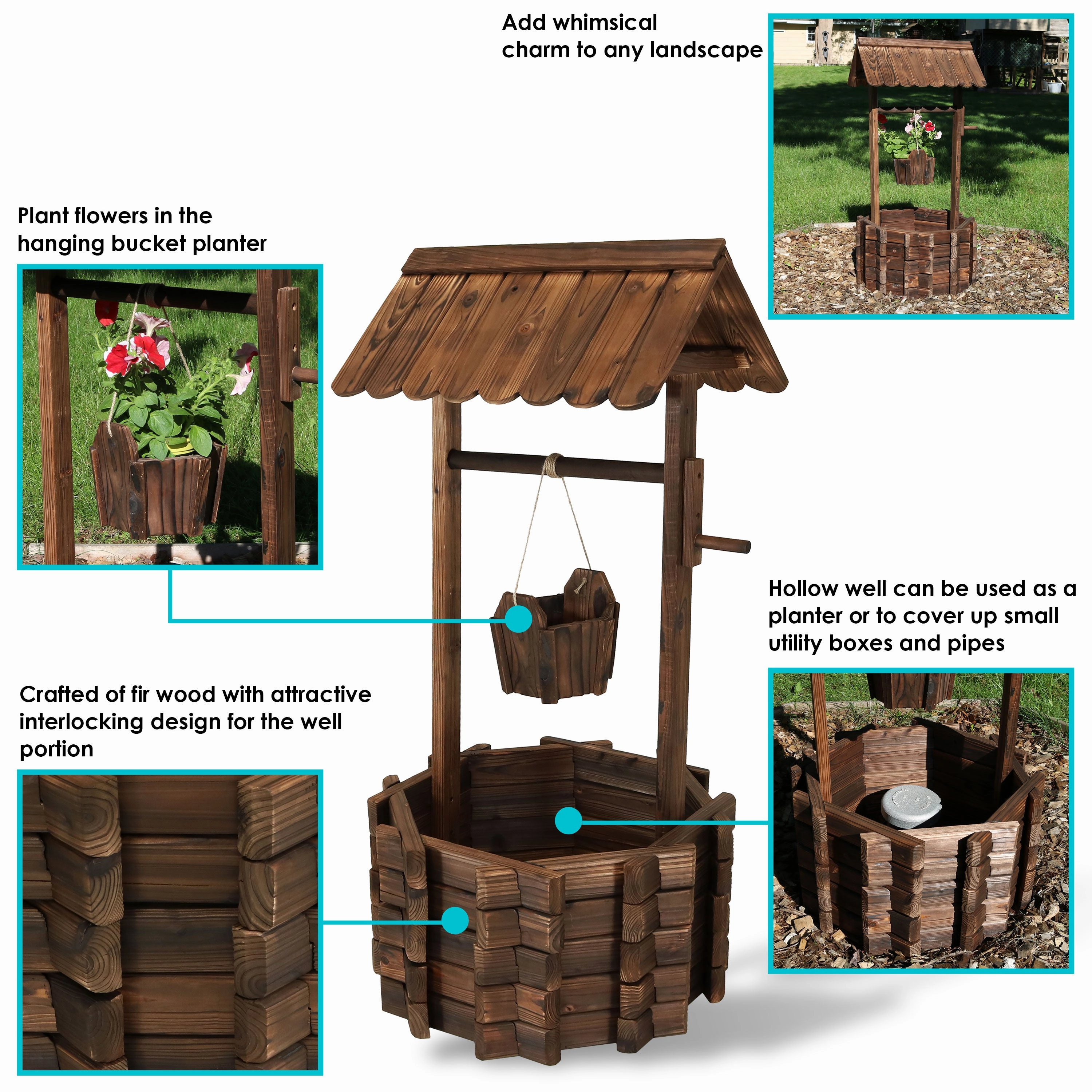 Sunnydaze Wooden Garden Wishing Well Planter Cover for Outside - 45" H