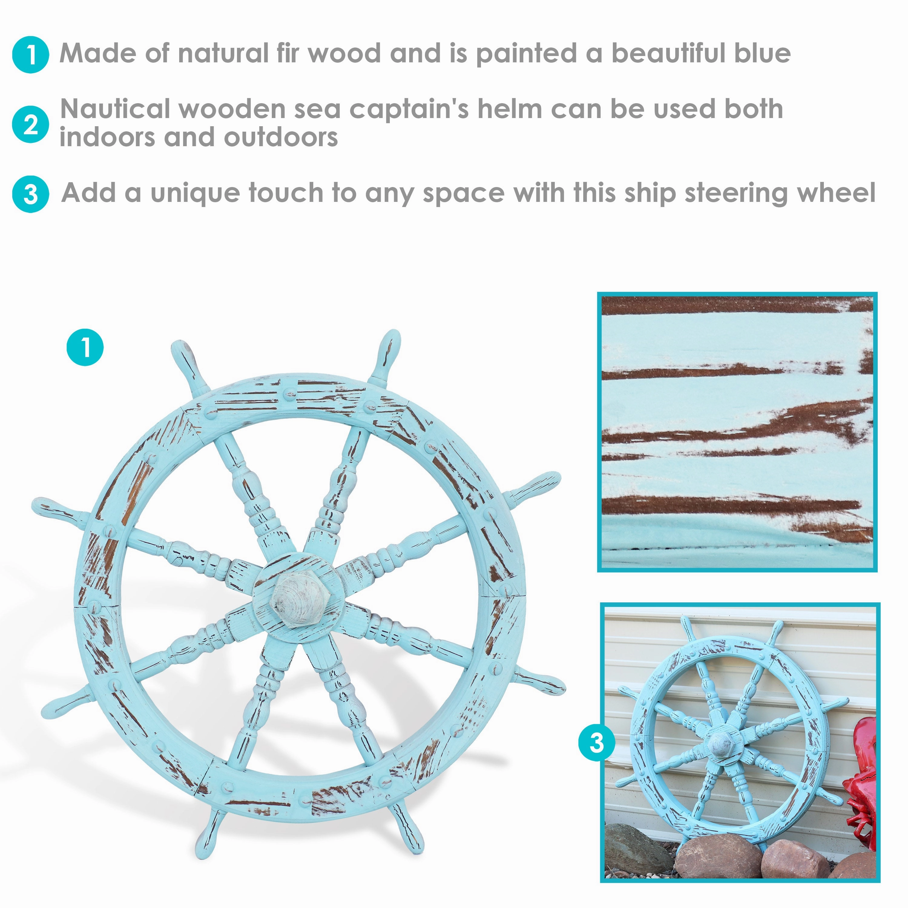 Sunnydaze Wooden Ship Wheel Wall Decor - Indoor or Outdoor - Blue - 30"