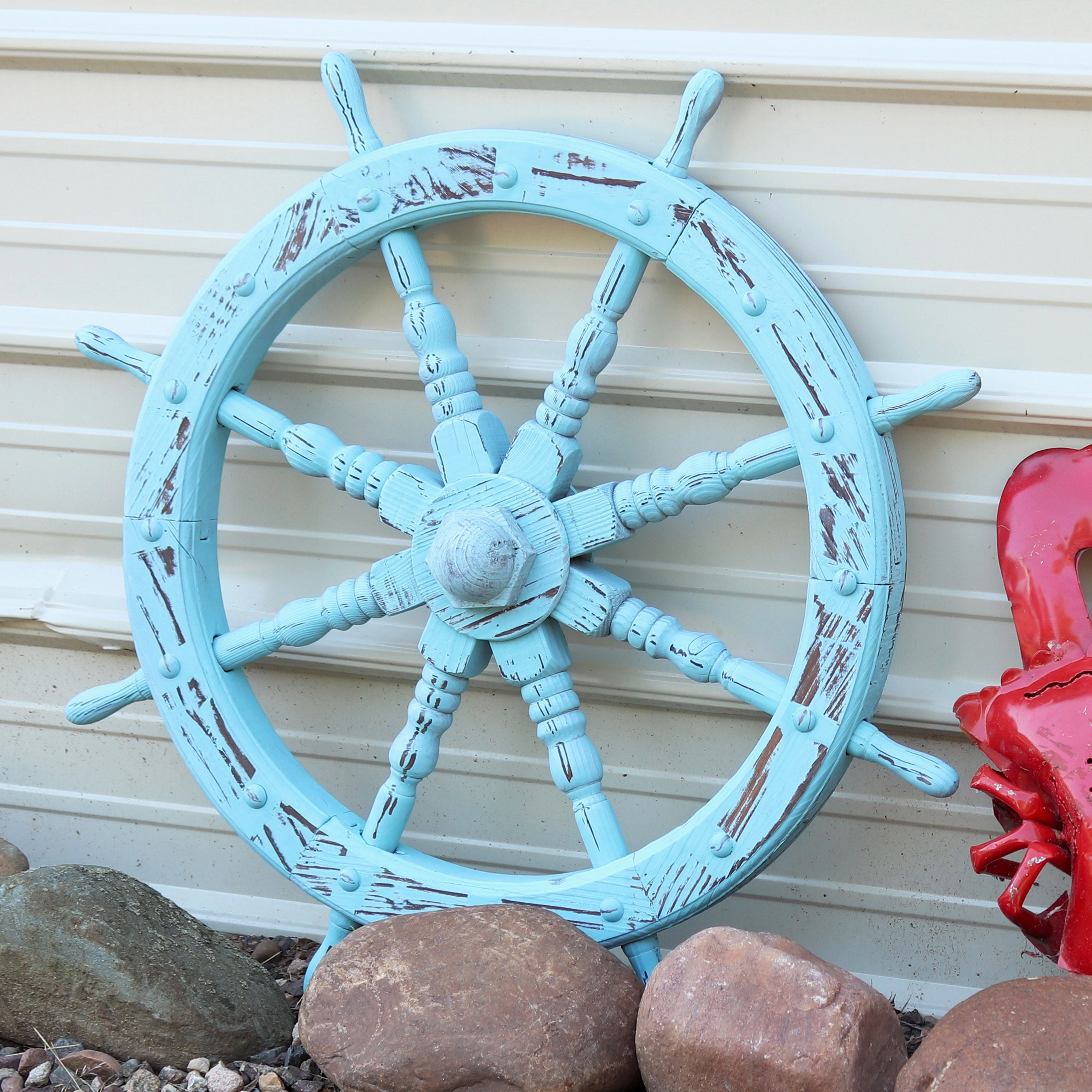 Sunnydaze Wooden Ship Wheel Wall Decor - Indoor or Outdoor - Blue - 30"