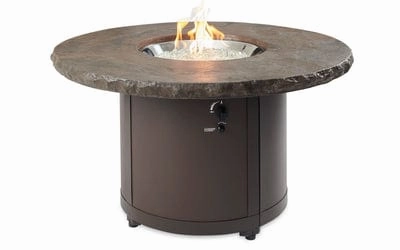 The Outdoor Greatroom Company Fire Pit Table 48 Inch Beacon Marbleized Noche Chat-Height Gas Fire Pit Table BC-20-MNBoutdoor fire table set with chairs