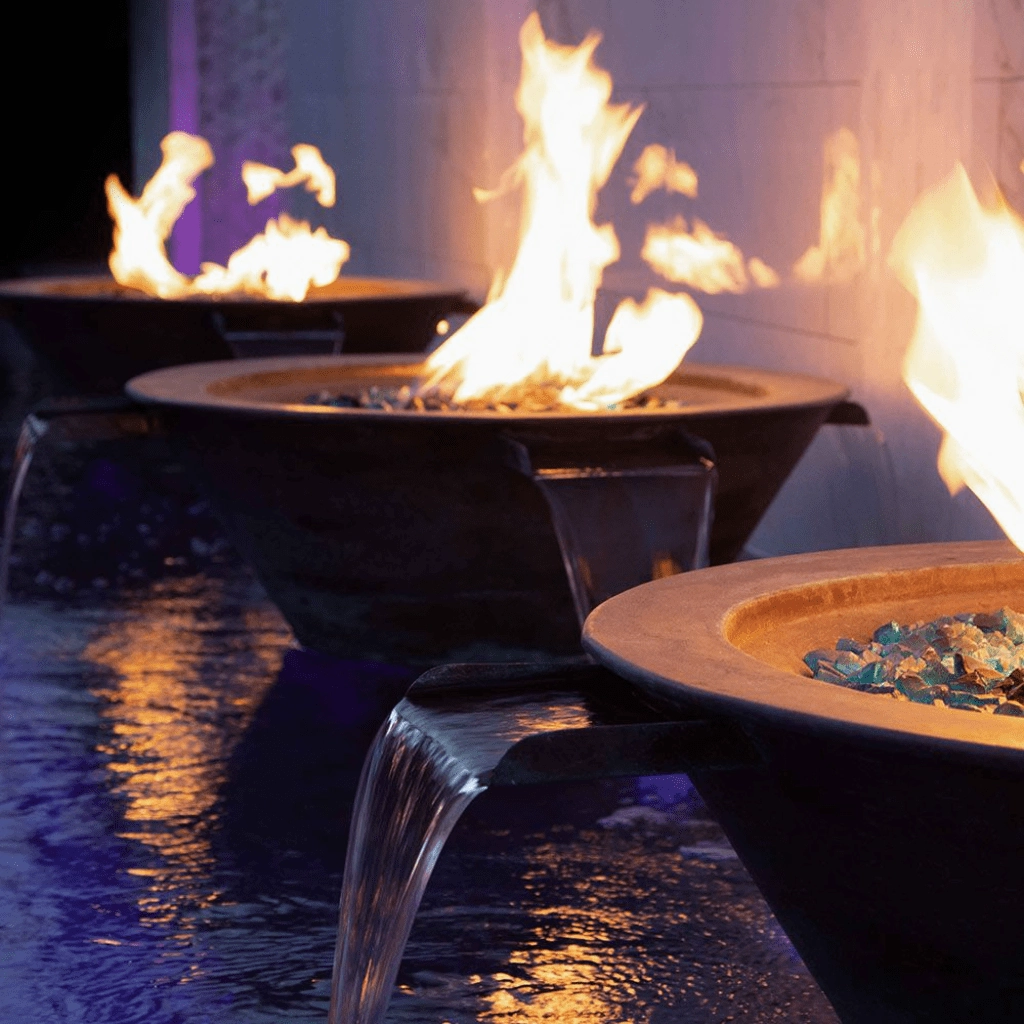 The Outdoor Plus Cazo 30" Hammered Copper 4 Way Spill Round 12V Electronic Ignition Fire & Water Bowl OPT-4W30E12V