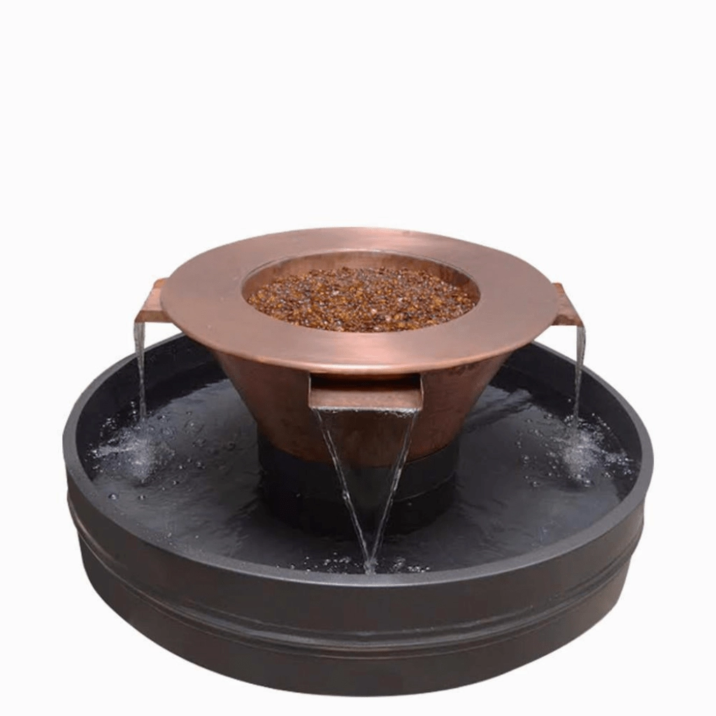 The Outdoor Plus Cazo 30" Hammered Copper 4 Way Spill Round 12V Electronic Ignition Fire & Water Bowl OPT-4W30E12V