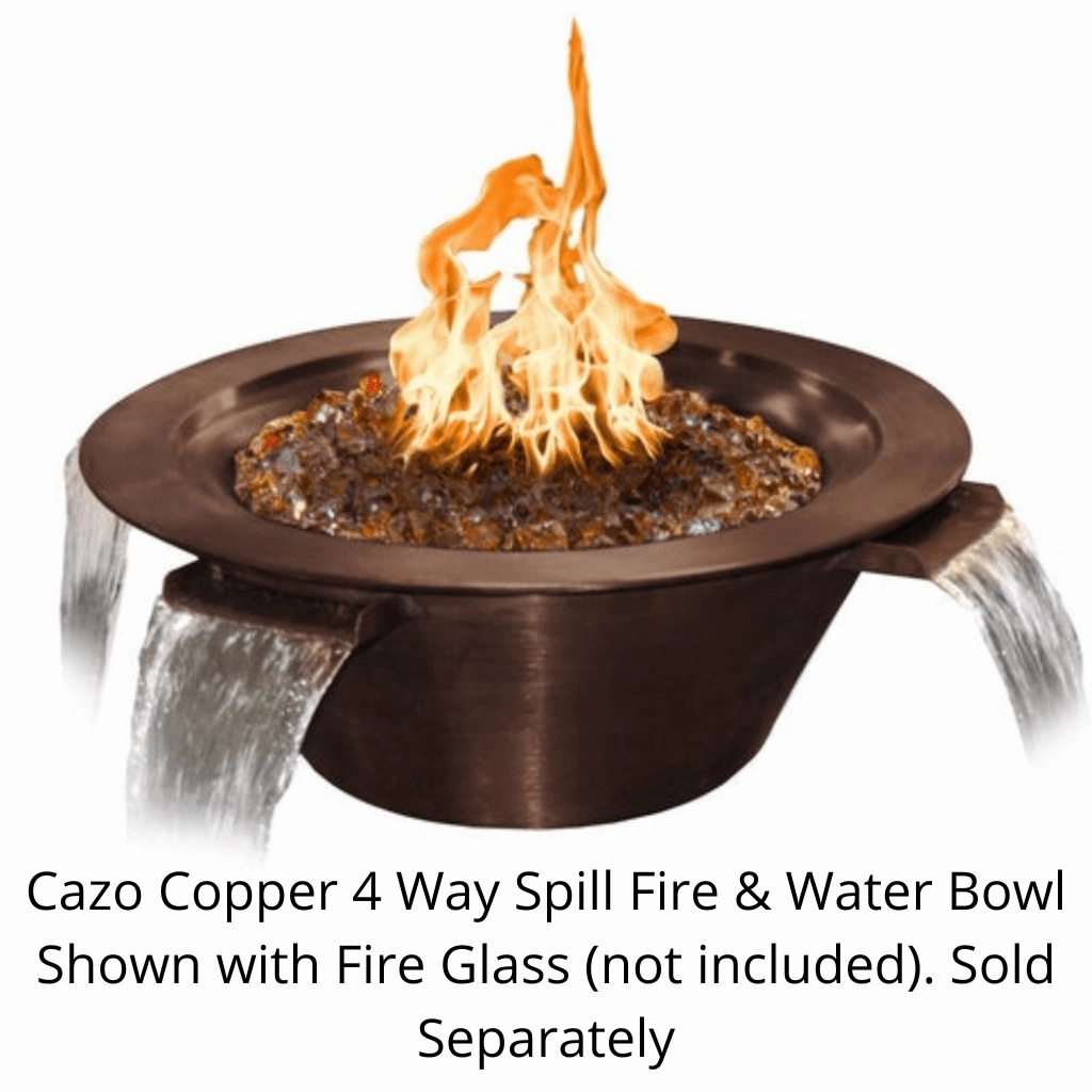 The Outdoor Plus Cazo 30" Hammered Copper 4 Way Spill Round 12V Electronic Ignition Fire & Water Bowl OPT-4W30E12V