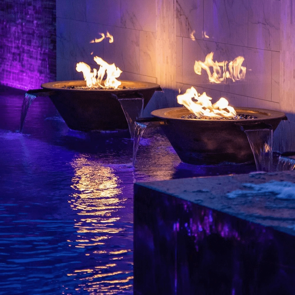 The Outdoor Plus Cazo 30" Hammered Copper 4 Way Spill Round 12V Electronic Ignition Fire & Water Bowl OPT-4W30E12V
