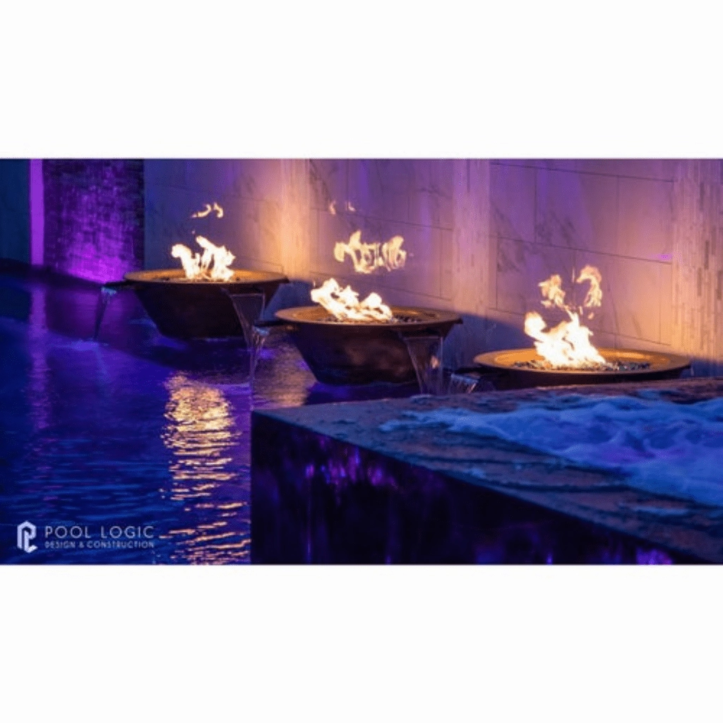 The Outdoor Plus Cazo 30" Hammered Copper 4 Way Spill Round 12V Electronic Ignition Fire & Water Bowl OPT-4W30E12V
