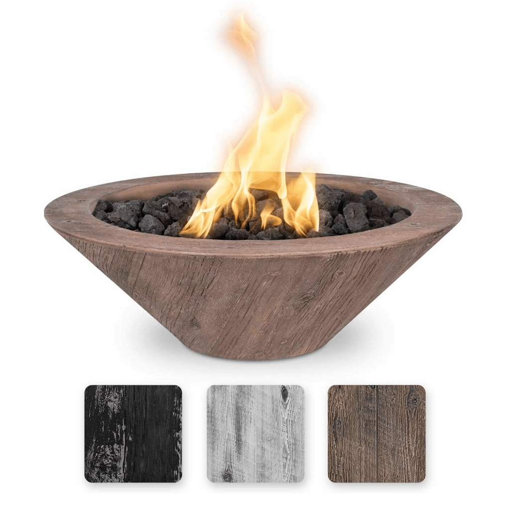 The Outdoor Plus Cazo GFRC 24" Wood Grain Concrete Round Match Lit Fire Bowl OPT-24RWGFOportable outdoor fire pit with lid