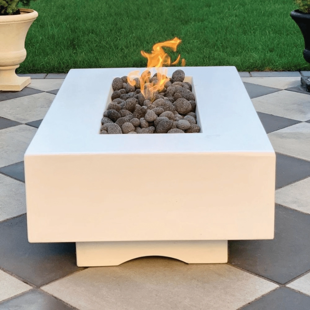 The Outdoor Plus Del Mar GFRC 60" 110V Electronic Ignition Concrete Rectangle Fire Pit Table OPT-DEL6028EKIT