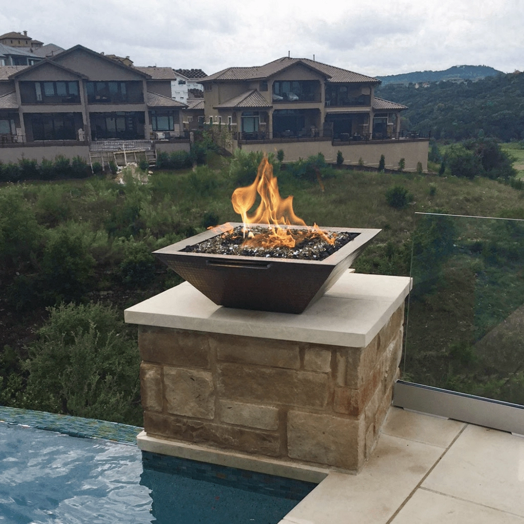 The Outdoor Plus Maya 24" Match Lit Hammered Copper Square Fire & Water Bowl OPT-24SCFW