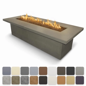 The Outdoor Plus Newport GFRC 144" Flame Sense with Spark Igniter Concrete Rectangle Fire Table OPT-NPTT144FSENoutdoor fire table set with chairs