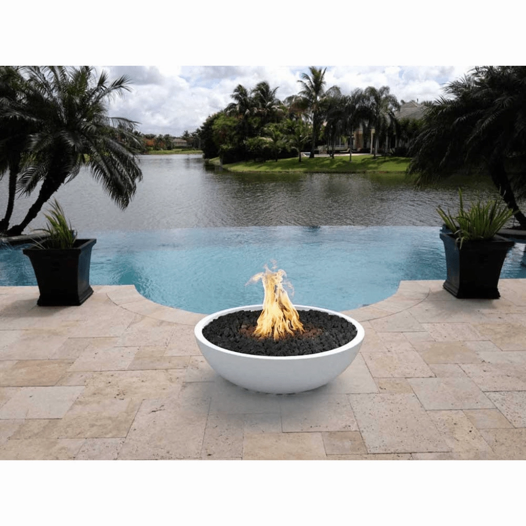 The Outdoor Plus Sedona 60" Narrow Ledge GFRC Match Lit with Flame Sense Concrete Round Fire Pit OPT-SED60FSML