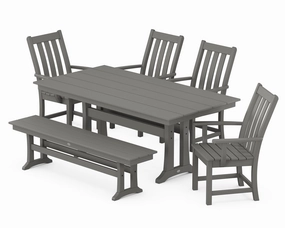 Vineyard 6-Piece Arm Chair Farmhouse Dining Set with Trestle Legs and Benchoutdoor patio furniture set