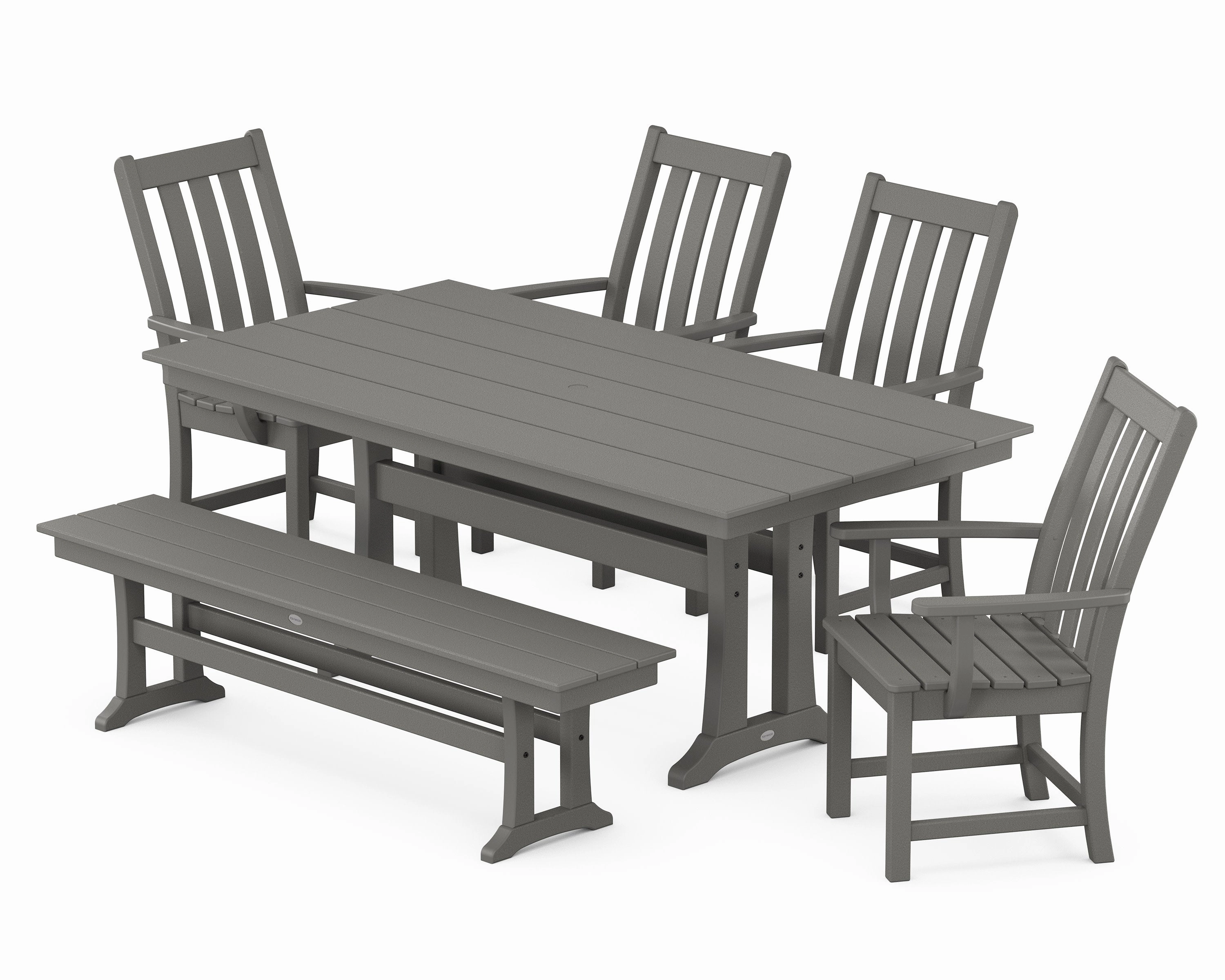 Vineyard 6-Piece Arm Chair Farmhouse Dining Set with Trestle Legs and Benchoutdoor patio furniture set