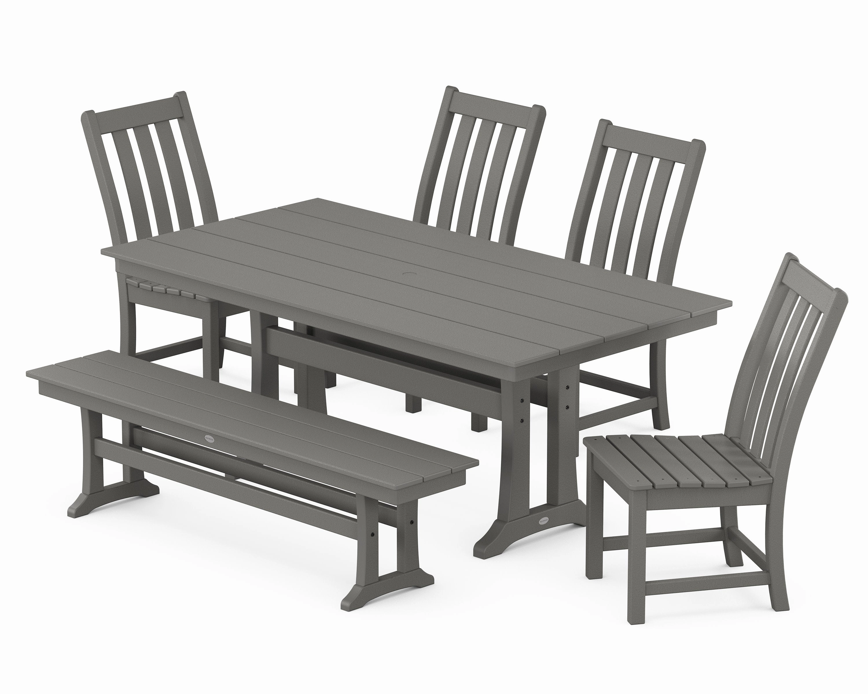 Vineyard Side Chair 6-Piece Farmhouse Dining Set with Trestle Legs and Benchoutdoor patio furniture set