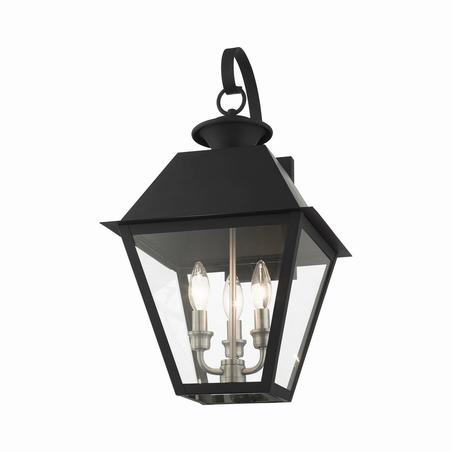Wentworth Three Light Outdoor Wall Lantern Black w/ Brushed Nickel Cluster
