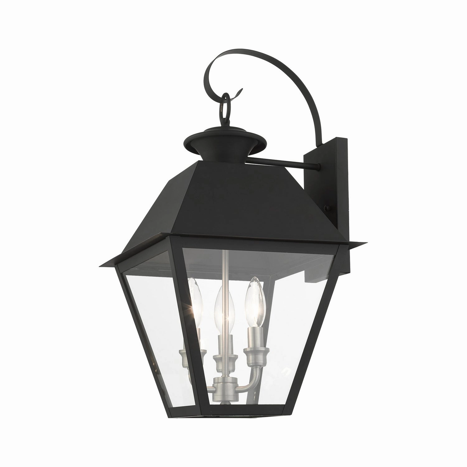 Wentworth Three Light Outdoor Wall Lantern Black w/ Brushed Nickel Cluster