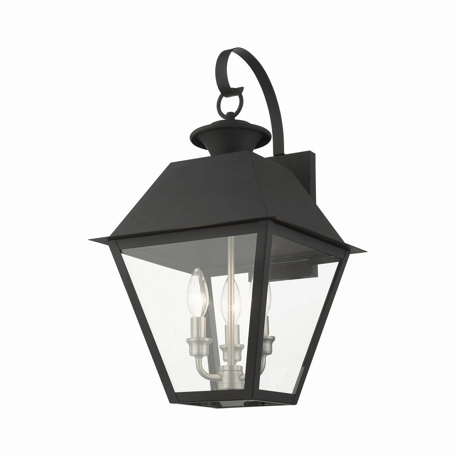 Wentworth Three Light Outdoor Wall Lantern Black w/ Brushed Nickel Cluster