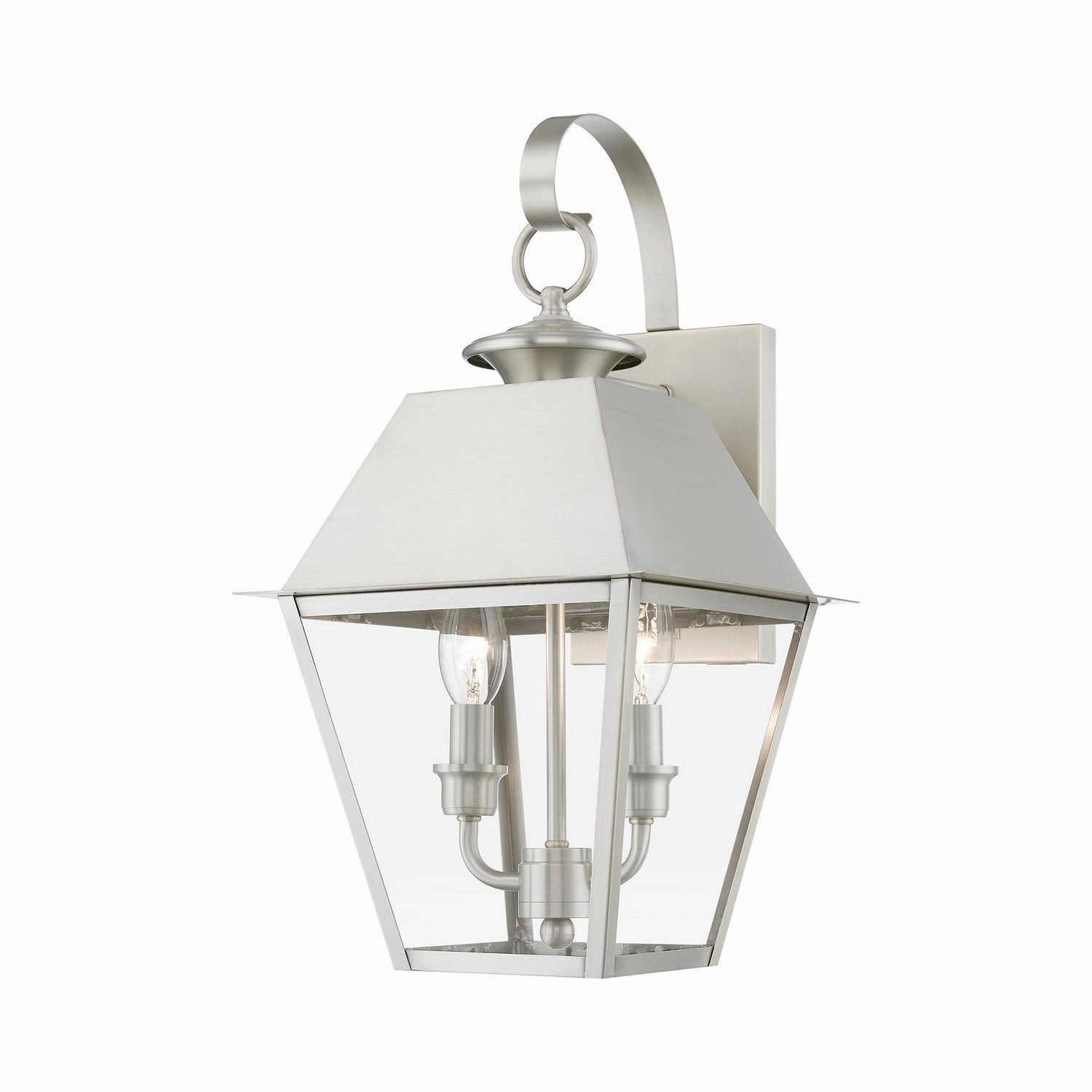 Wentworth Two Light Outdoor Wall Lantern Brushed NickelOutdoor wall sconces with motion sensor