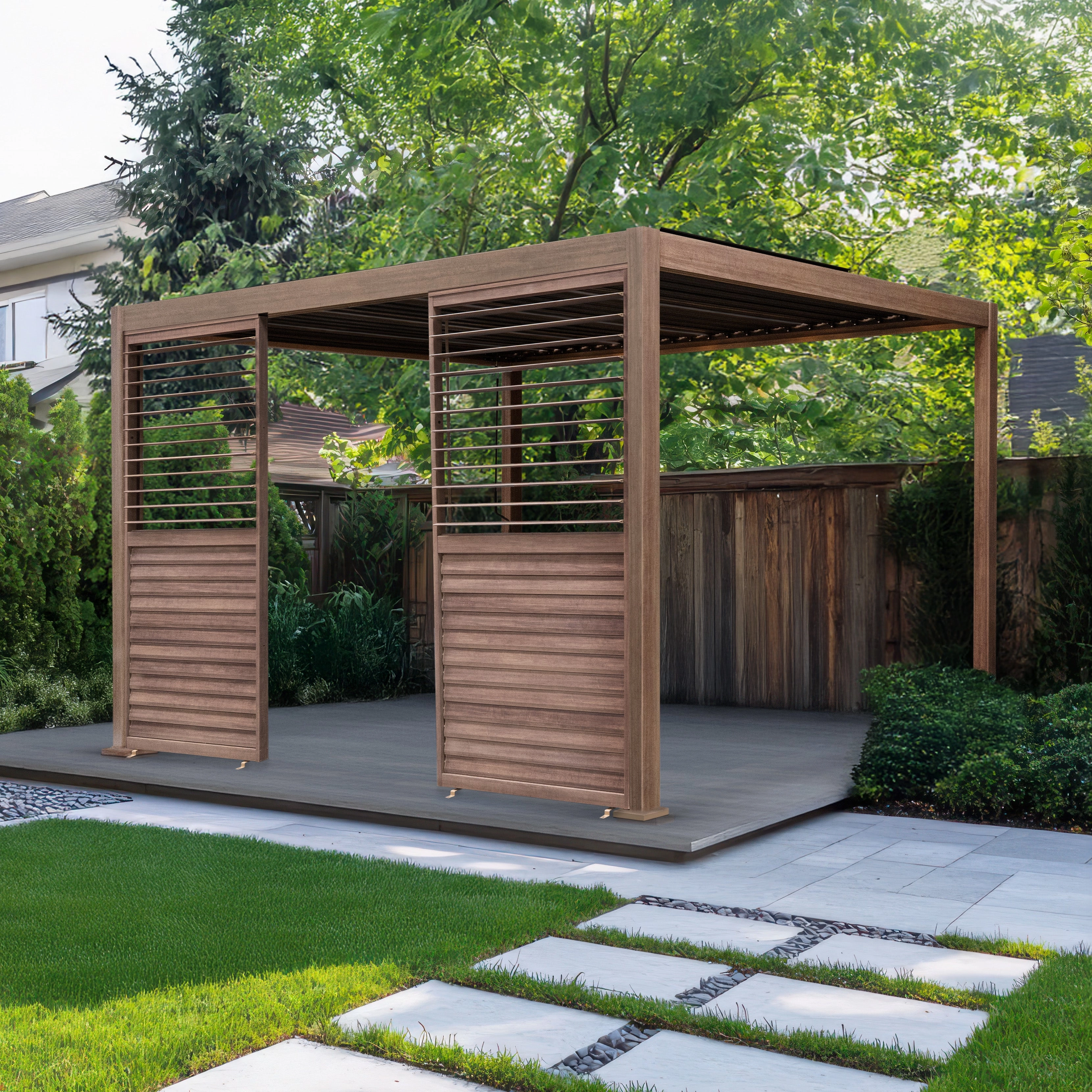 Wood Effect Aluminium Pergola 3 x 3m with 2 Louvre Panels