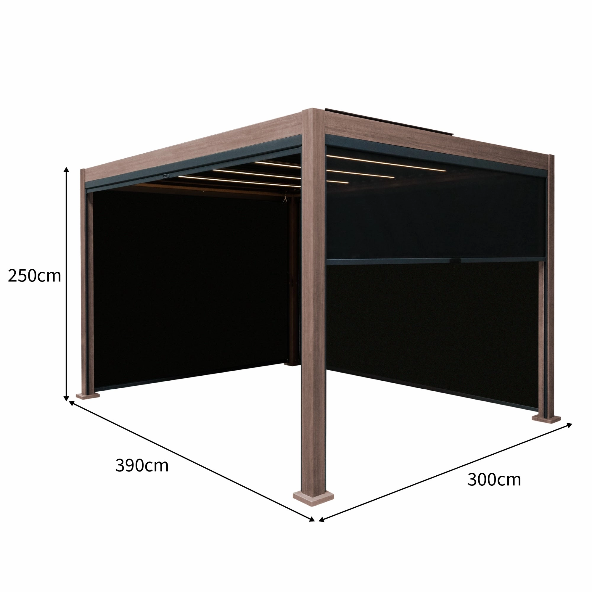 Wood Effect Aluminium Pergola With Blinds & LED Lights - 4m x 3m